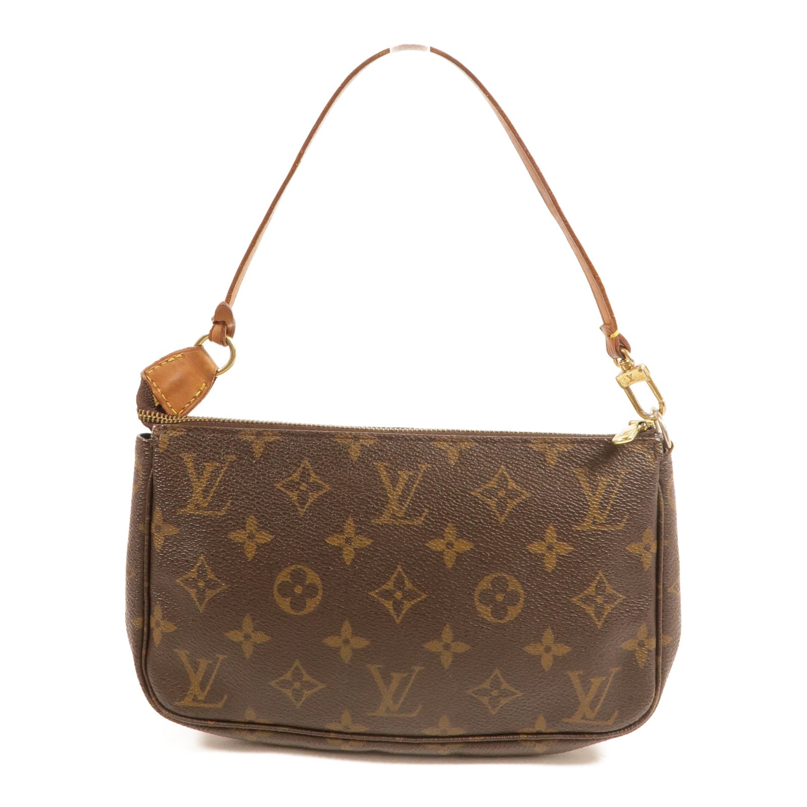 LOUIS VUITTON Monogram Pochette Accessoires金扣手挽袋棕色