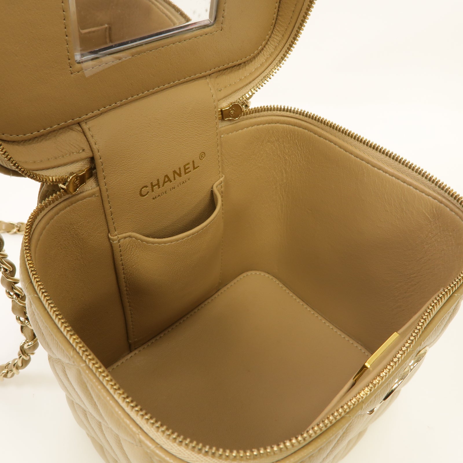 CHANEL 【激減優惠】菱格Caviar皮革Vanity Case With Chain金扣手挽肩背兩用袋米色