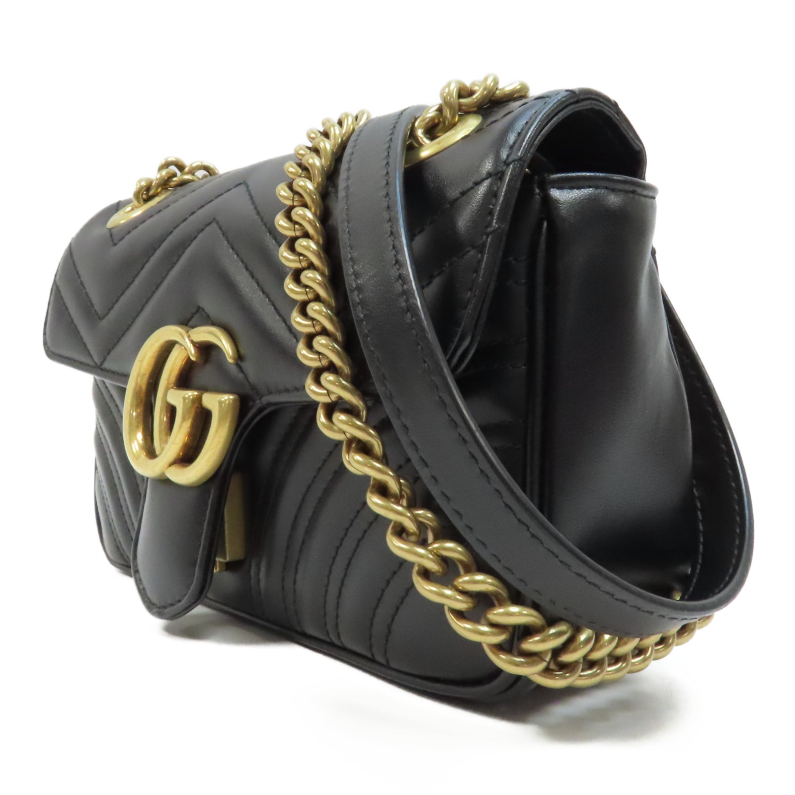 GUCCI 牛皮皮革Chain Shoulder金扣鏈帶肩背袋黑色