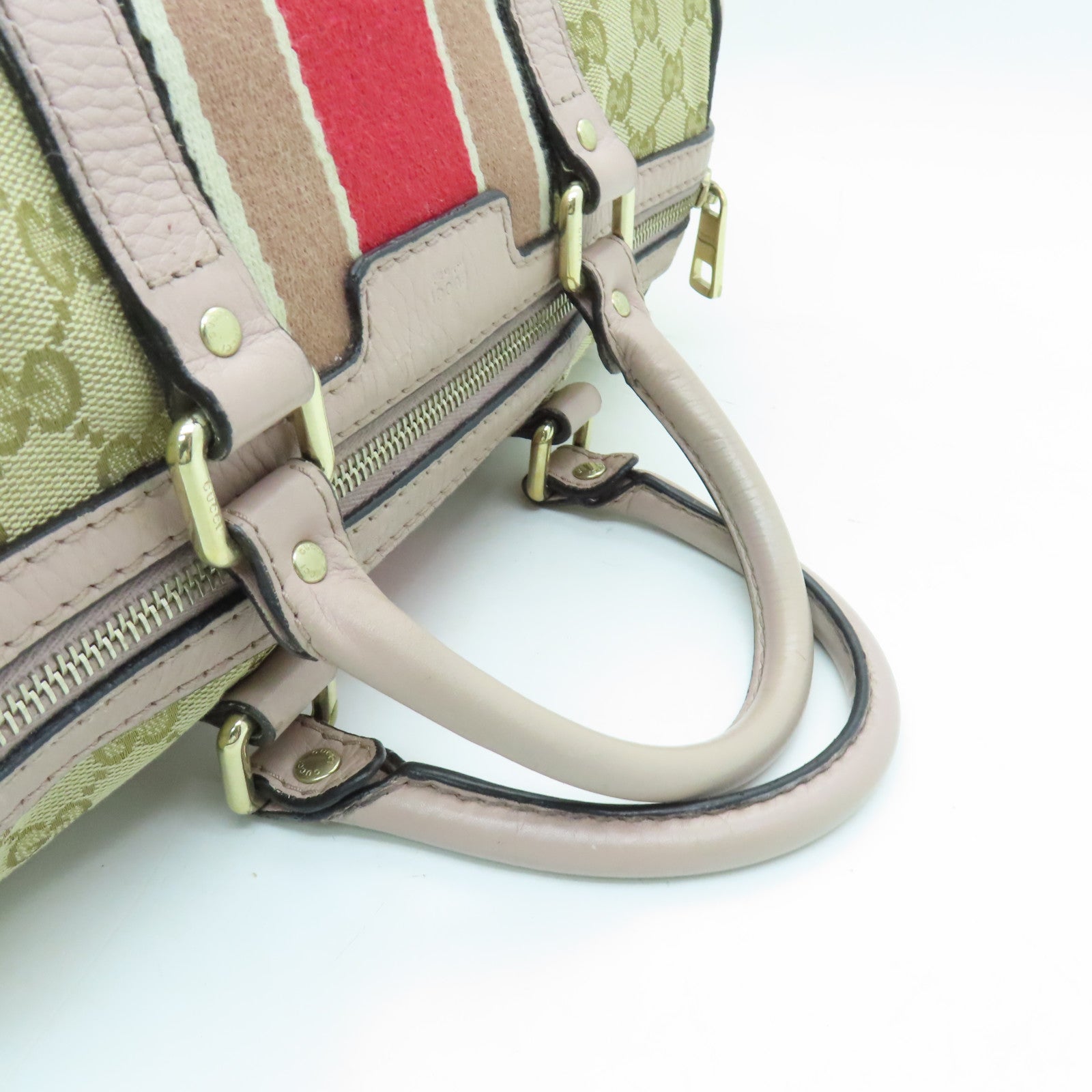 GUCCI 帆布Boston Bag金扣手挽袋米色/浅紫色