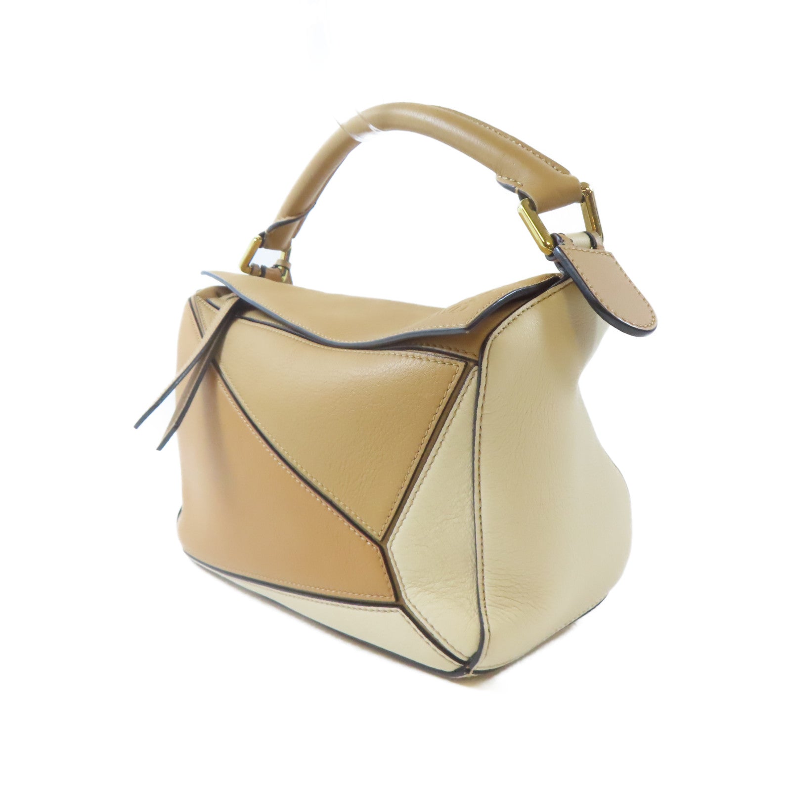 LOEWE 牛皮皮革Puzzle金扣手挽肩背兩用袋啡色/米色