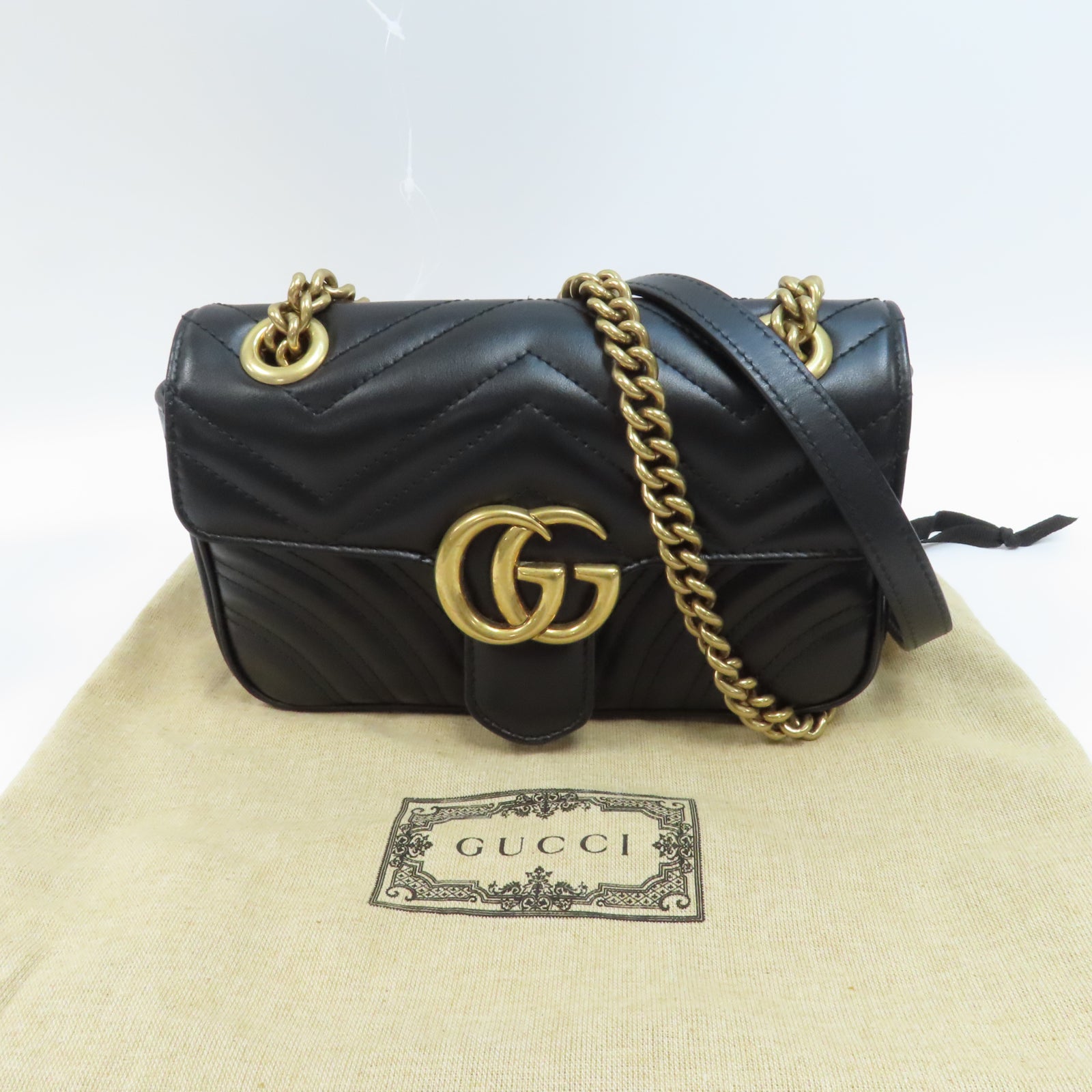 GUCCI 牛皮皮革Chain Shoulder金扣鏈帶肩背袋黑色
