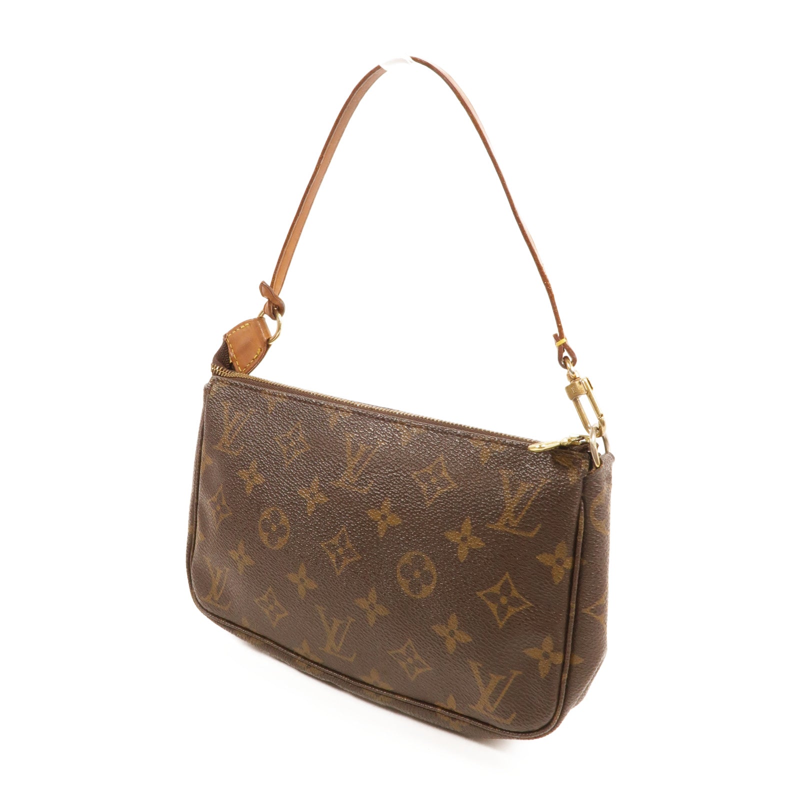 LOUIS VUITTON Monogram Pochette Accessoires金扣手挽袋棕色