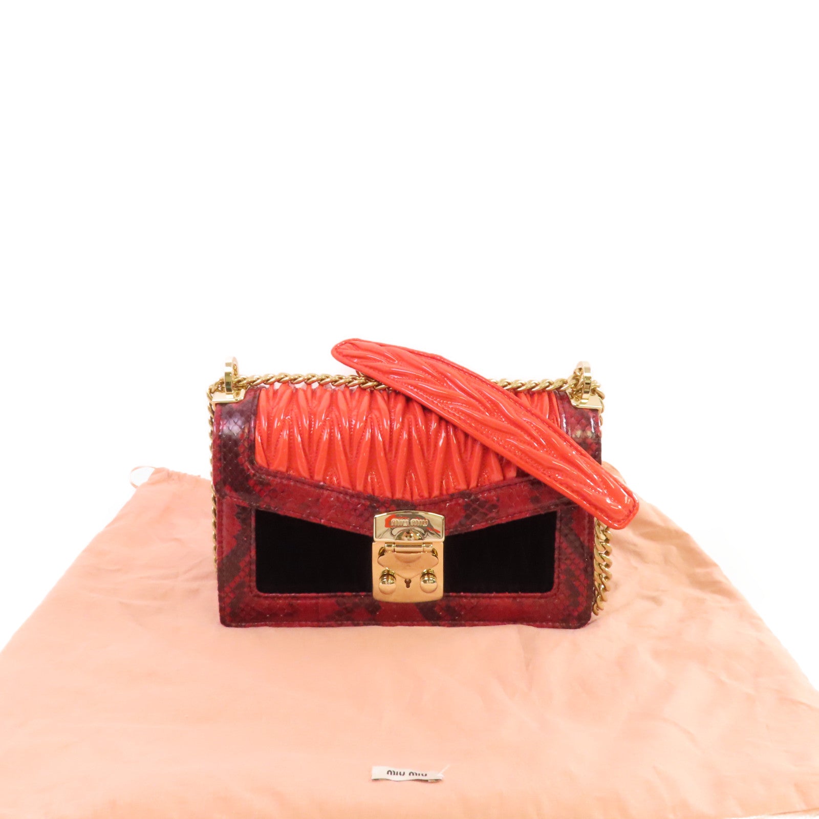 Miu Miu 【激減優惠】牛皮皮革/蛇皮皮革/天鵝絨/漆皮皮革Chain Shoulder Bag金扣鏈帶肩背袋紅色/黑色
