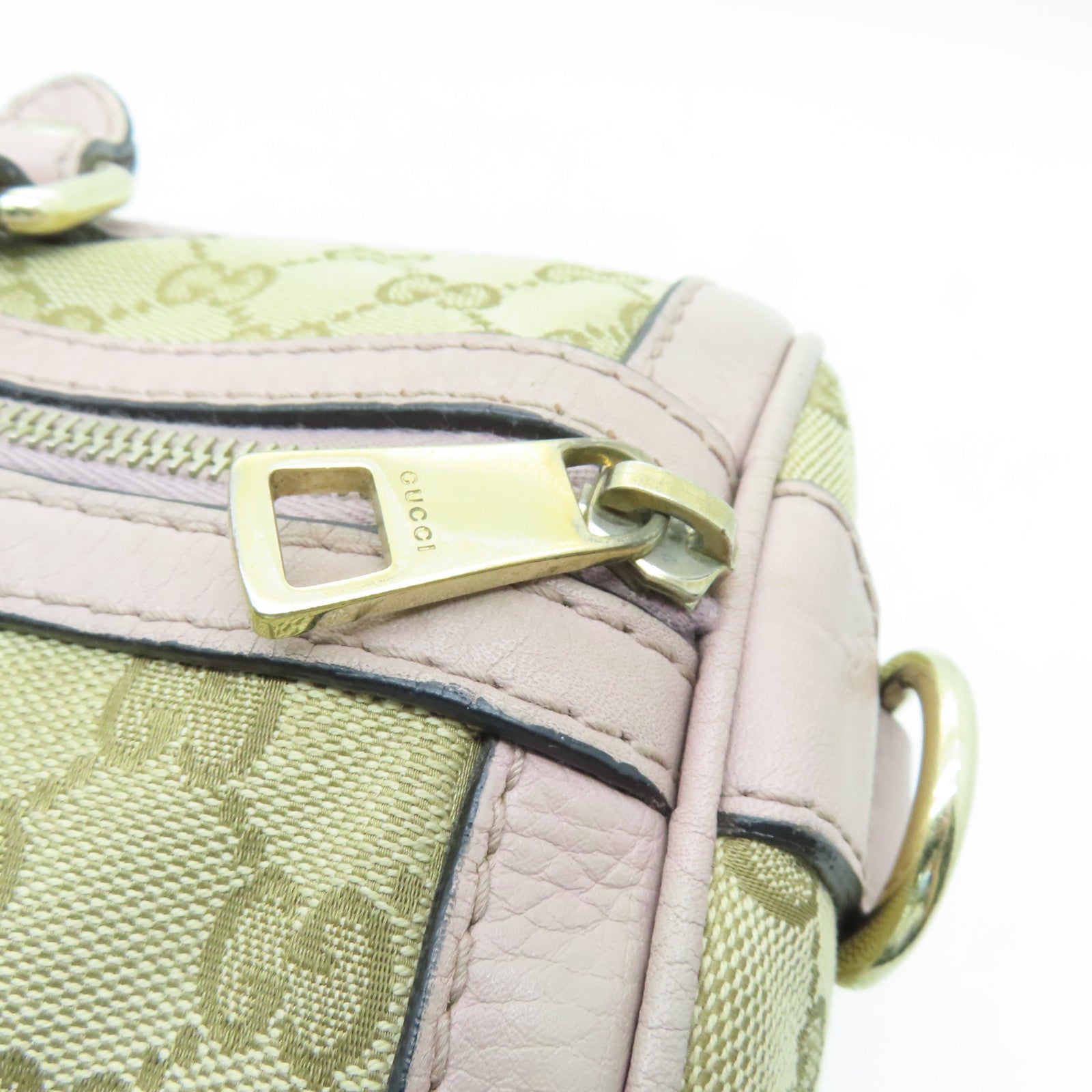 GUCCI 帆布Boston Bag金扣手挽袋米色/浅紫色