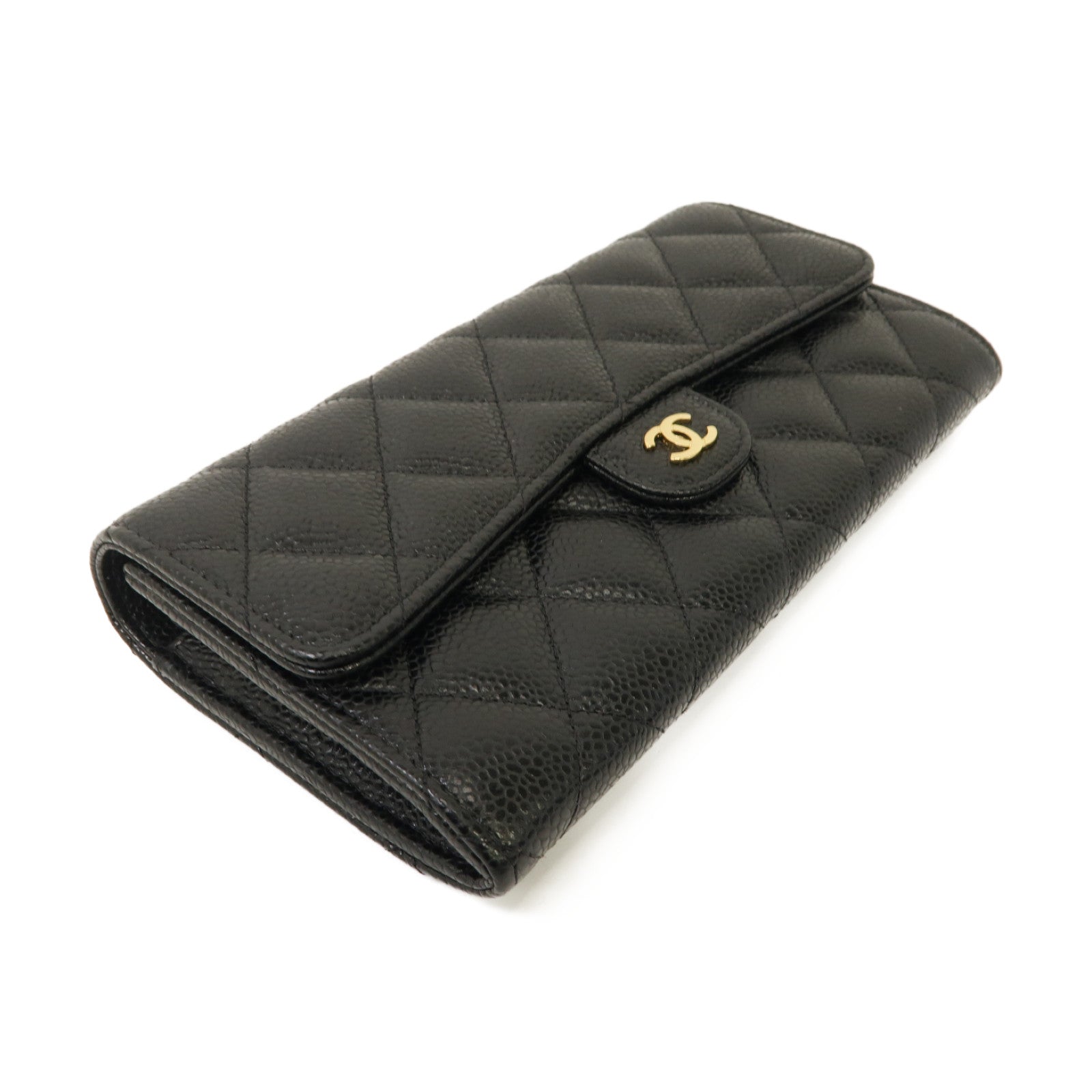 CHANEL 菱格Caviar皮革Long Wallet金扣長錢包黑色