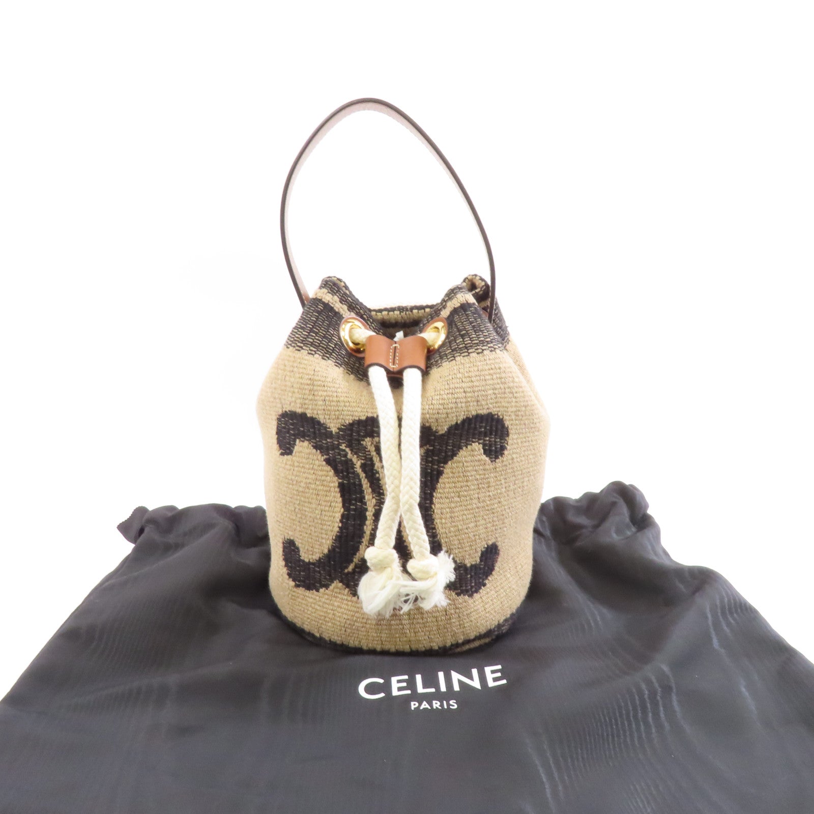 CELINE 帆布Teen Drawstring金扣手挽袋啡色
