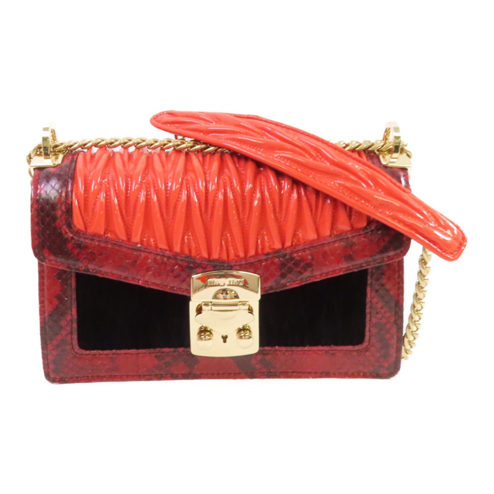 Miu Miu 【激減優惠】牛皮皮革/蛇皮皮革/天鵝絨/漆皮皮革Chain Shoulder Bag金扣鏈帶肩背袋紅色/黑色