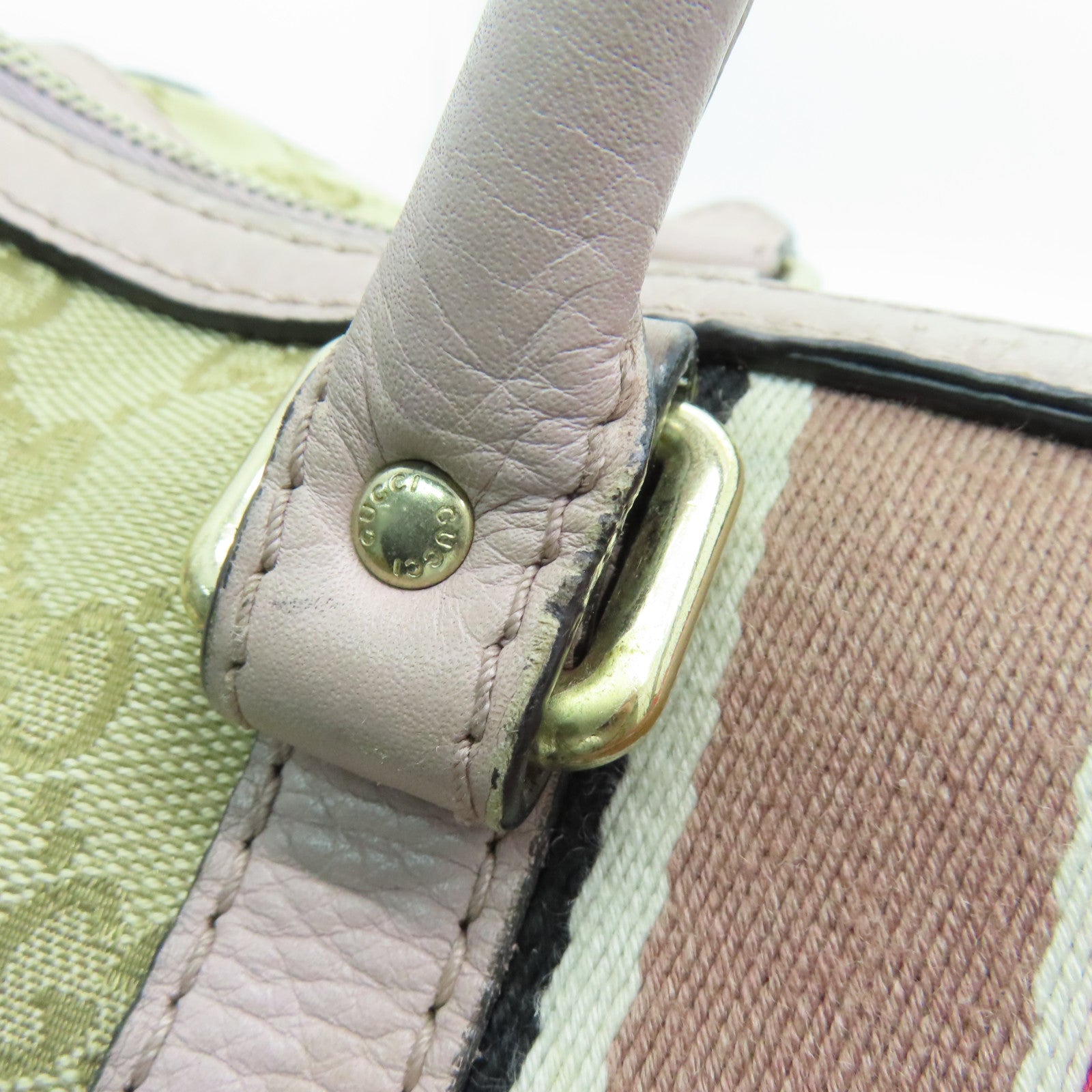 GUCCI 帆布Boston Bag金扣手挽袋米色/浅紫色