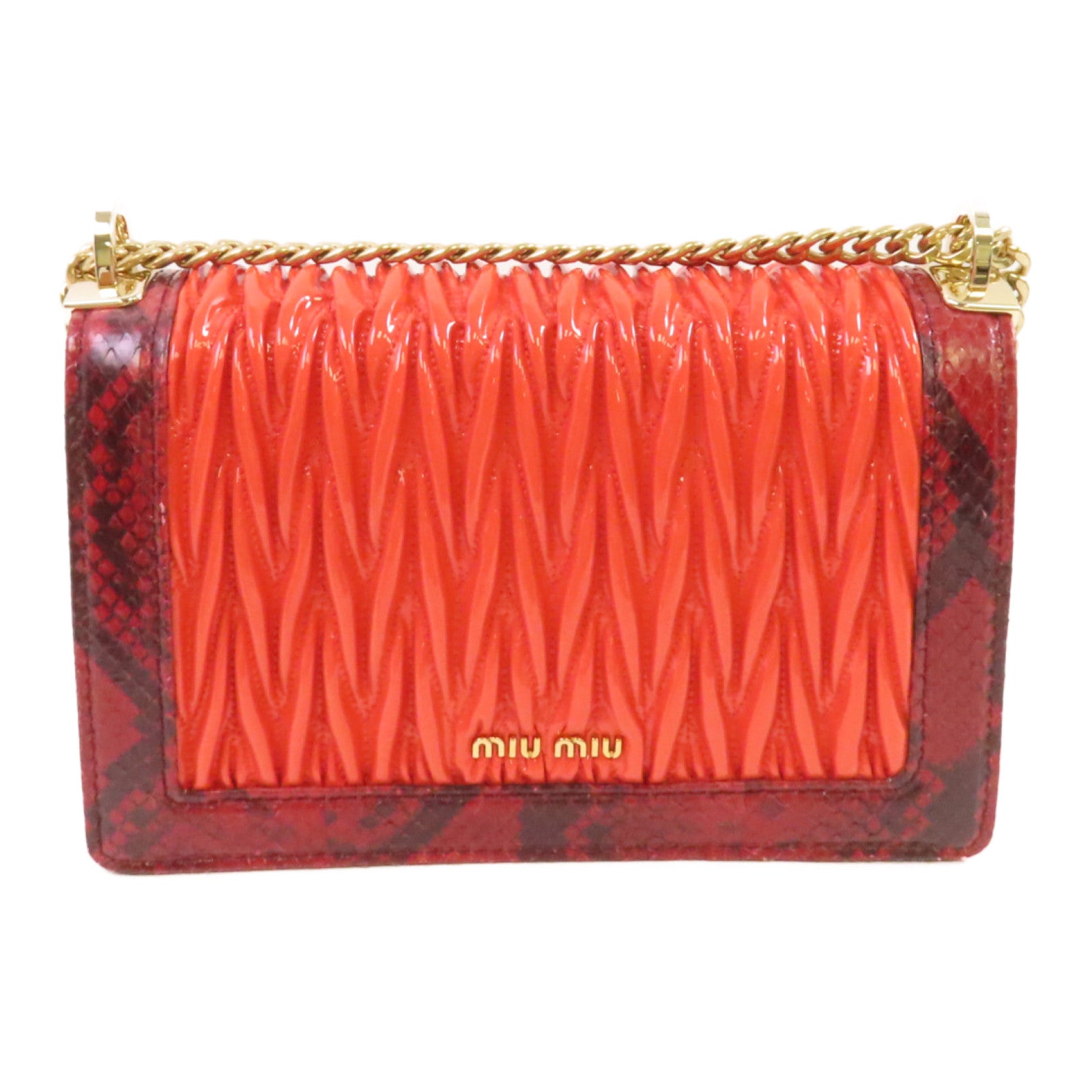 Miu Miu 【激減優惠】牛皮皮革/蛇皮皮革/天鵝絨/漆皮皮革Chain Shoulder Bag金扣鏈帶肩背袋紅色/黑色