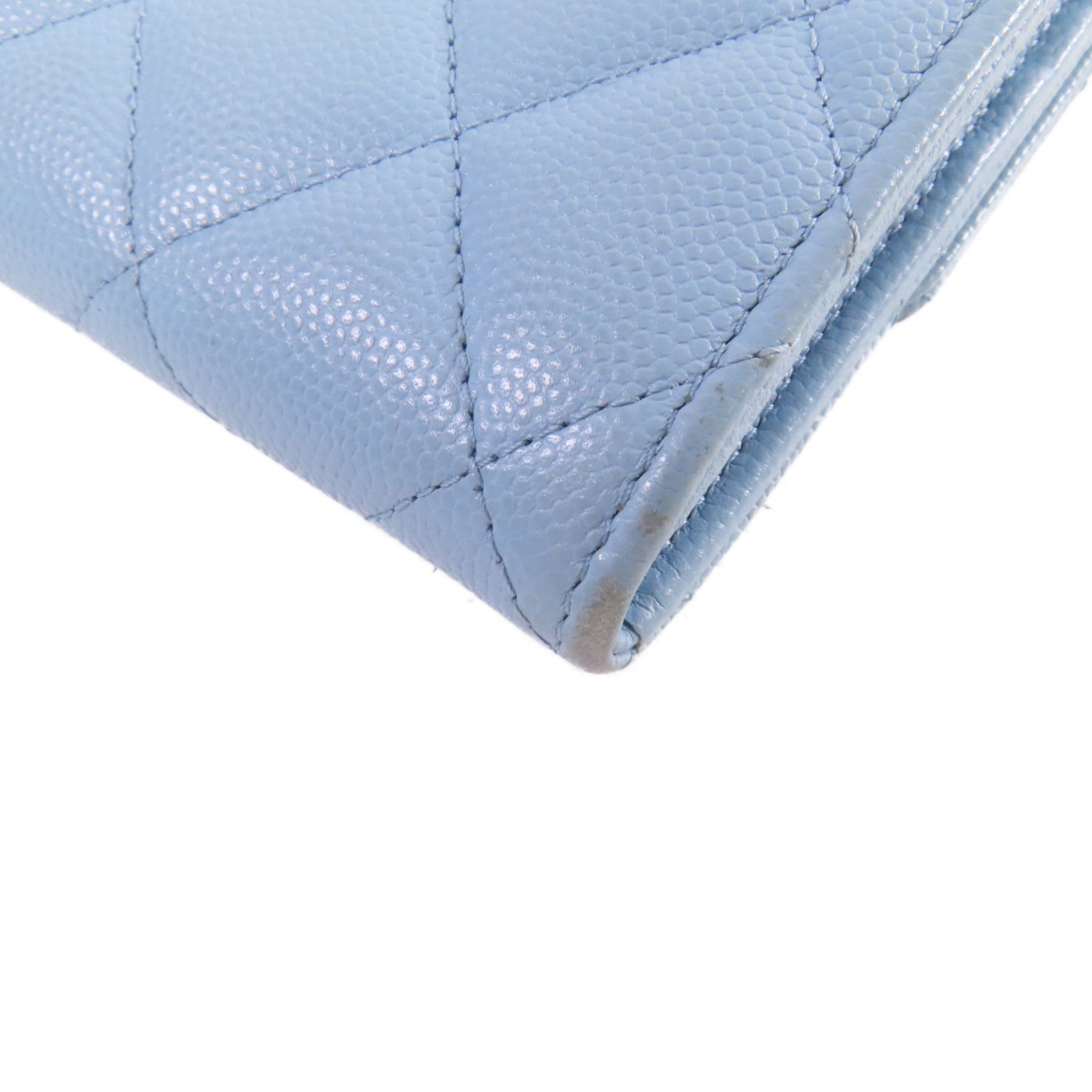 CHANEL 菱格Caviar皮革Long Wallet金扣長錢包淺藍色