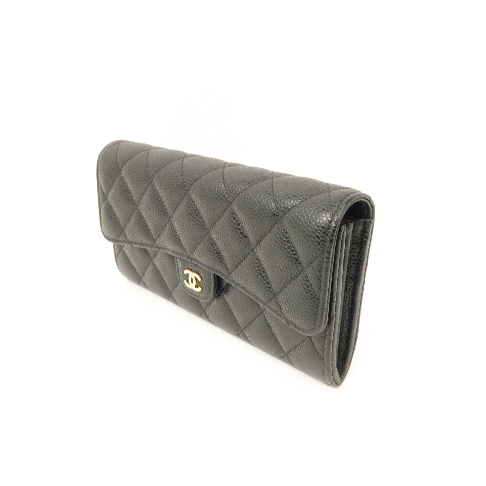 CHANEL 菱格Caviar皮革Long Wallet金扣長錢包黑色