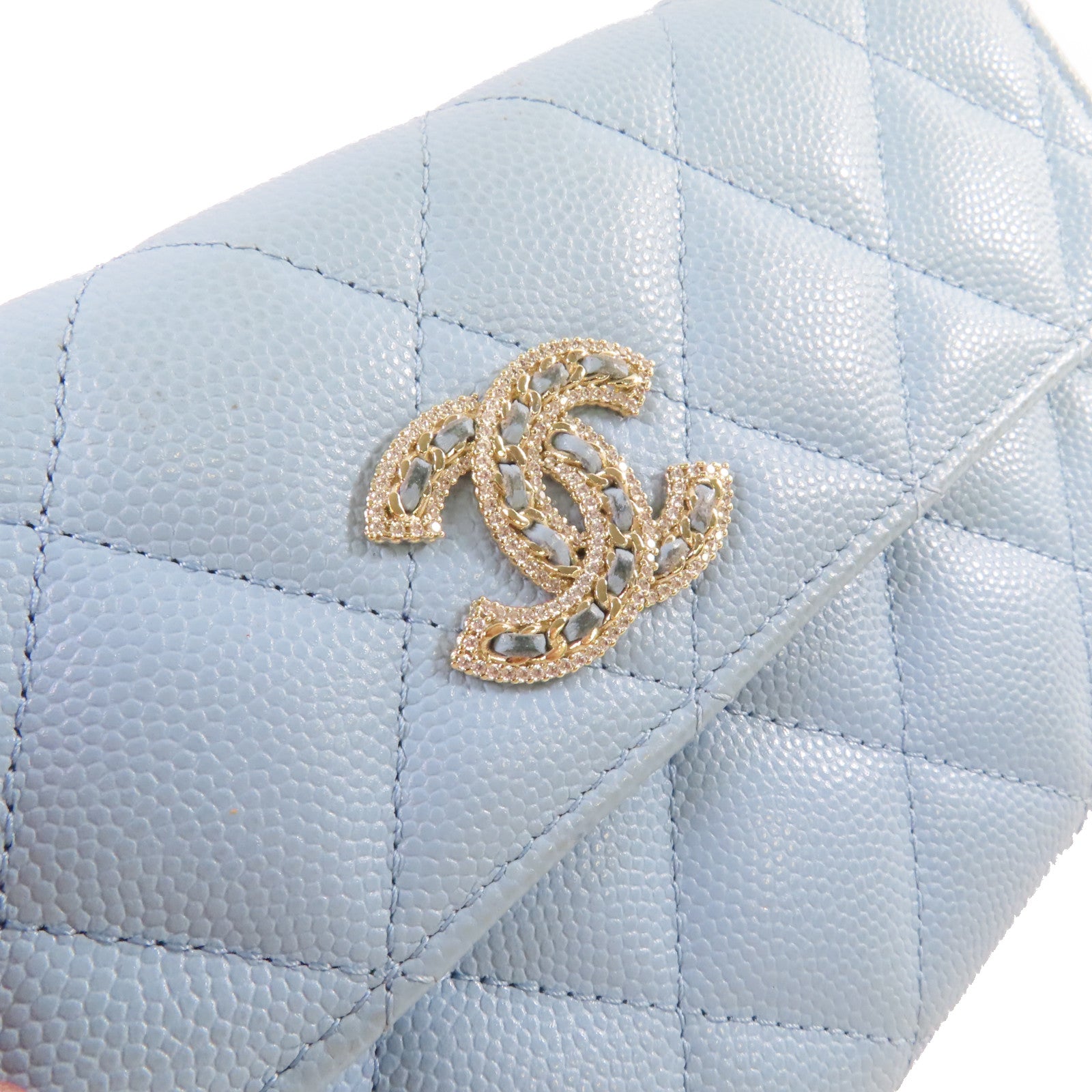 CHANEL 菱格Caviar皮革Long Wallet金扣長錢包淺藍色