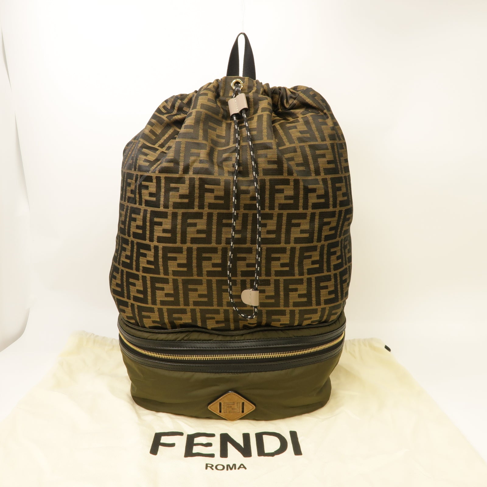 FENDI 【均一特價】尼龍Backpack金扣背包啡色/深綠色