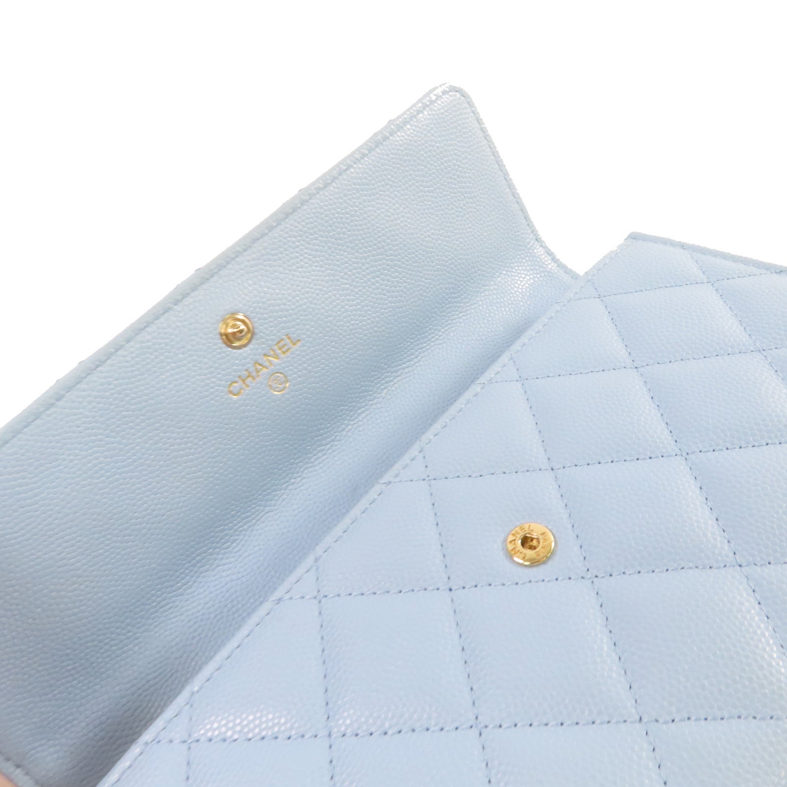 CHANEL 菱格Caviar皮革Long Wallet金扣長錢包淺藍色