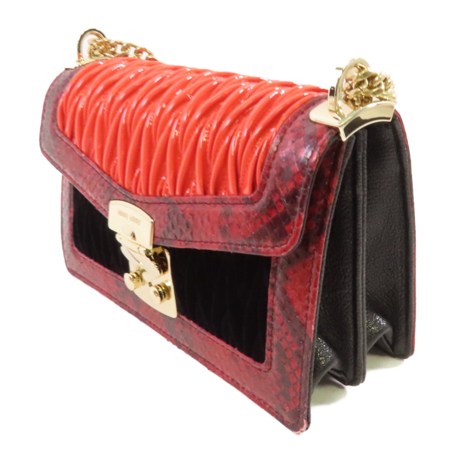 Miu Miu 【激減優惠】牛皮皮革/蛇皮皮革/天鵝絨/漆皮皮革Chain Shoulder Bag金扣鏈帶肩背袋紅色/黑色