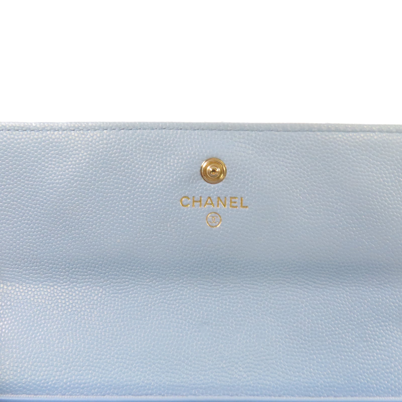 CHANEL 菱格Caviar皮革Long Wallet金扣長錢包淺藍色