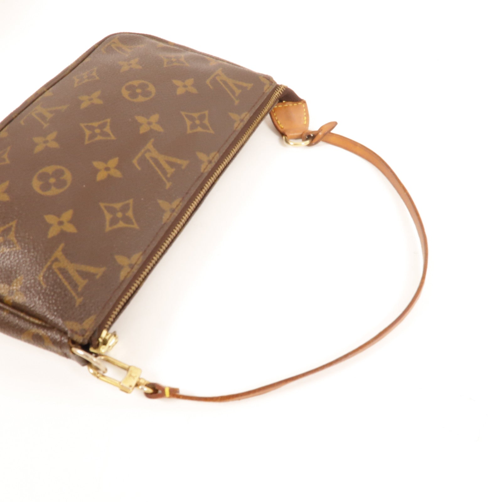 LOUIS VUITTON Monogram Pochette Accessoires金扣手挽袋棕色