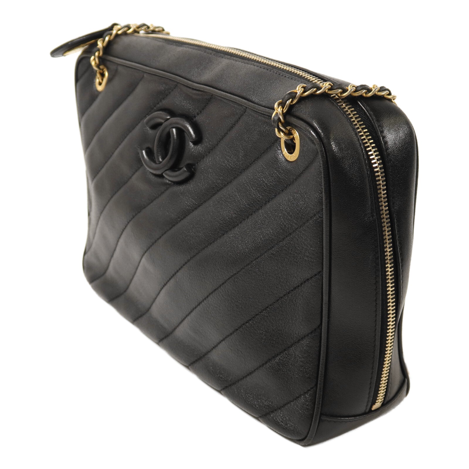 CHANEL 牛皮皮革Chain Shoulder金扣鏈帶肩背袋