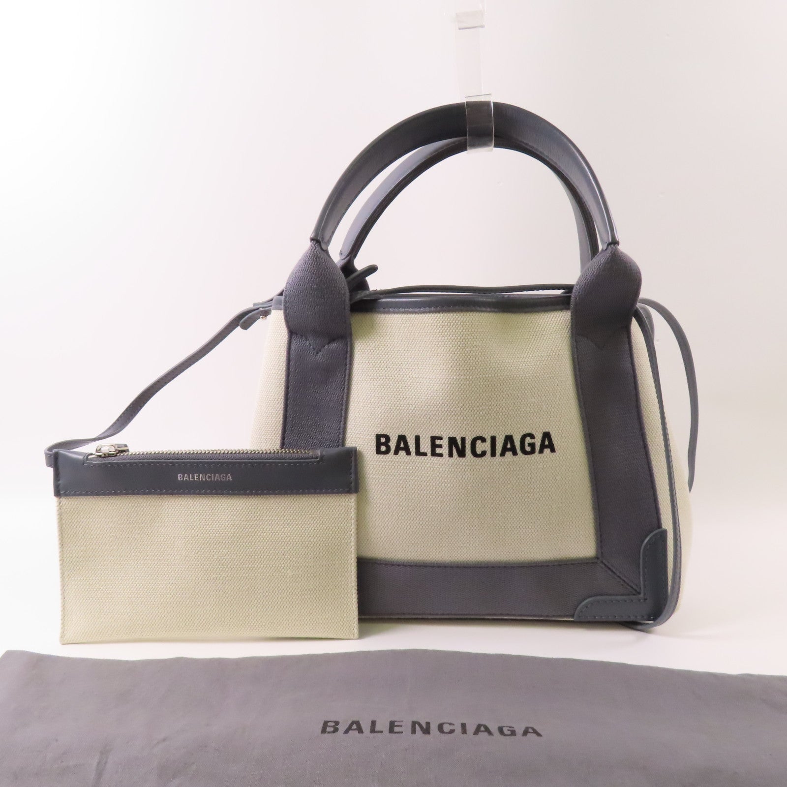 BALENCIAGA 帆布/皮革Cabas XS銀扣手挽肩背兩用袋