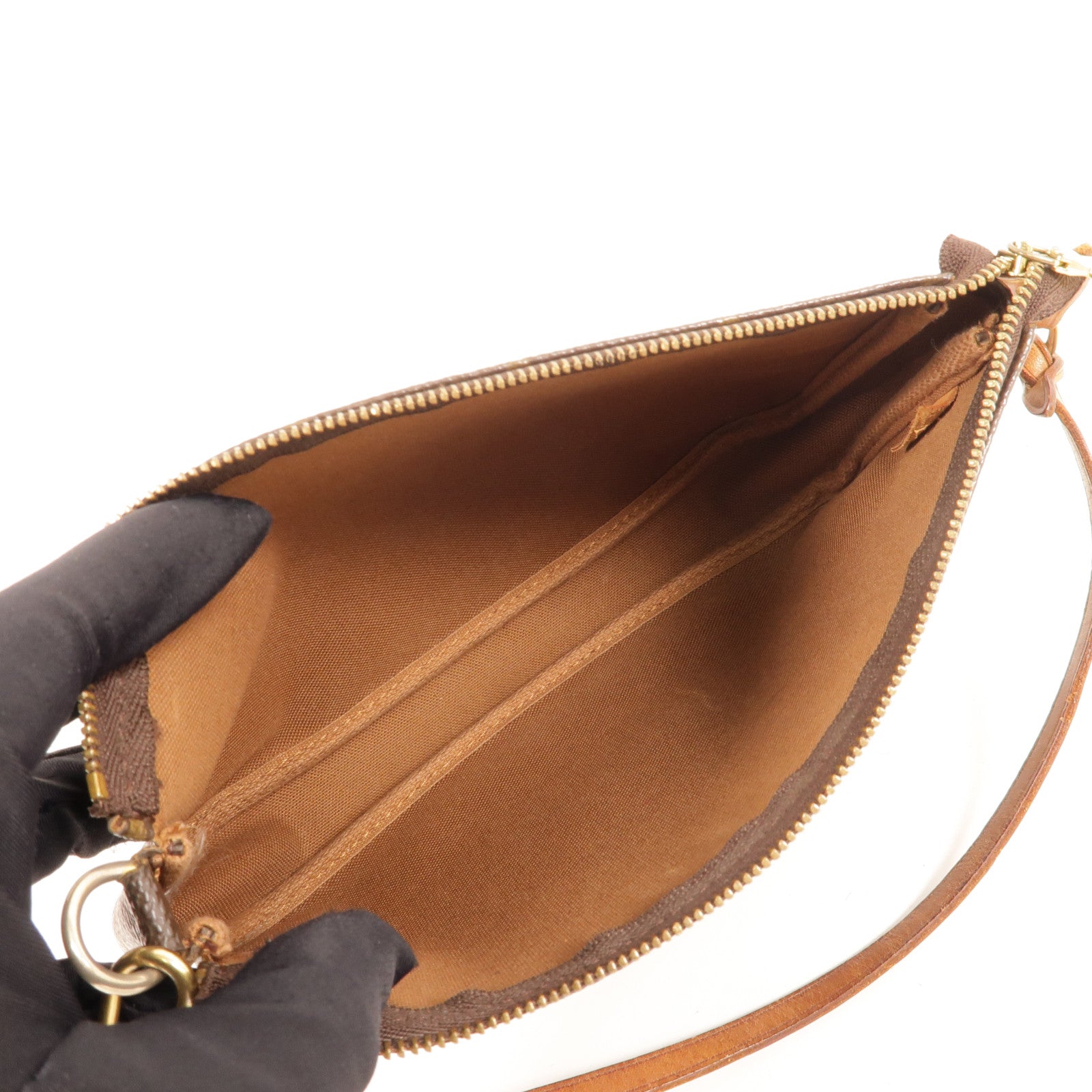 LOUIS VUITTON Monogram Pochette Accessoires金扣手挽袋棕色