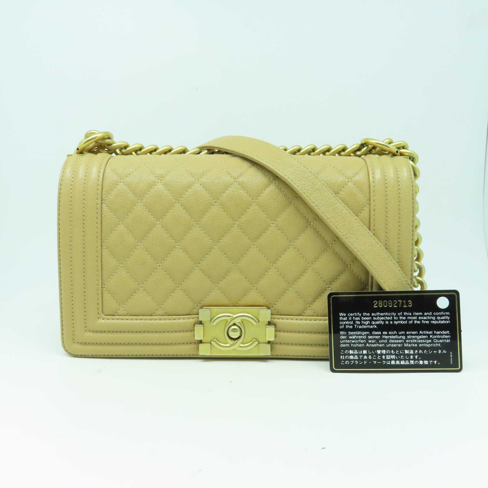 CHANEL 【清倉大減價】菱格Caviar皮革Boy Chanel 25cm金扣肩背袋米色