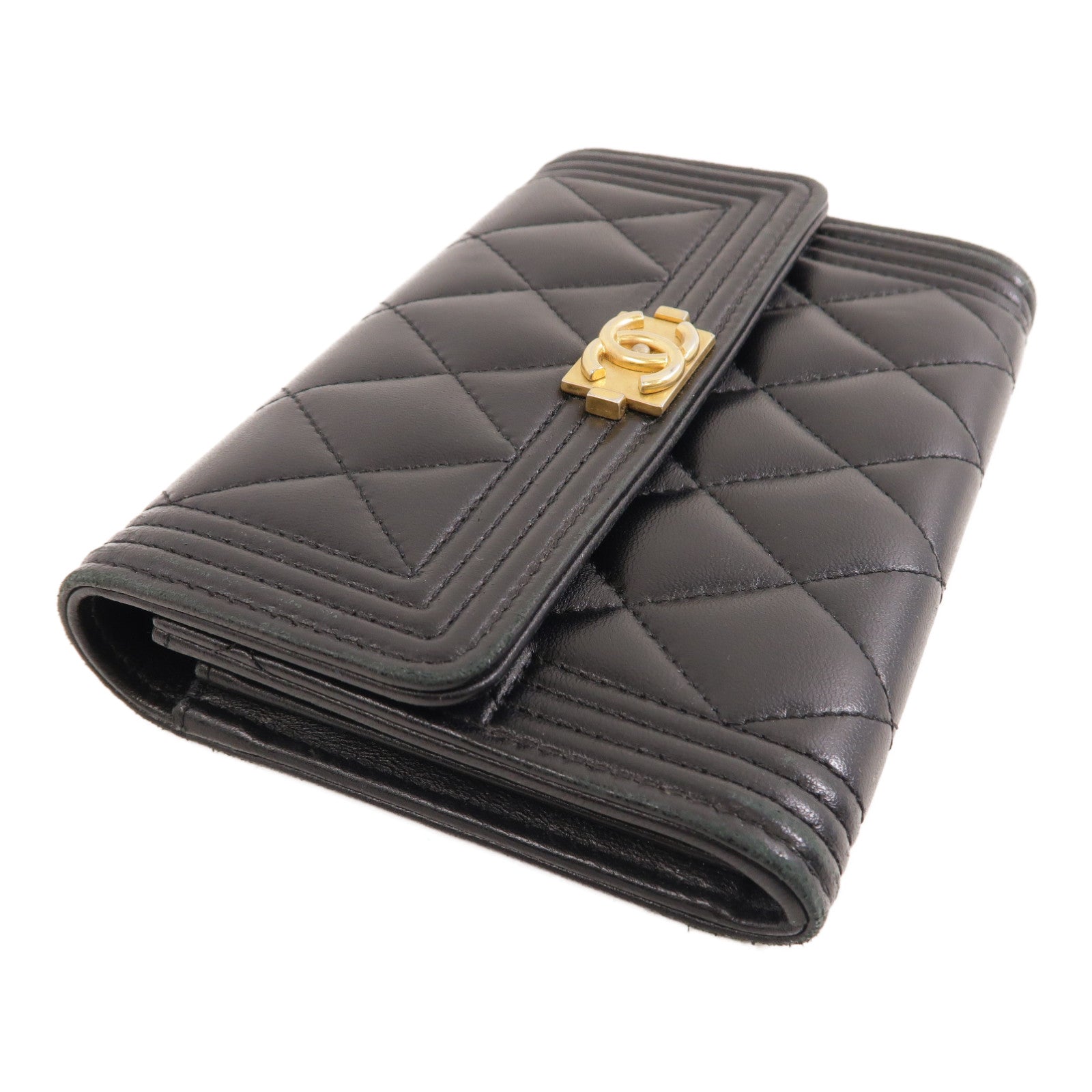 CHANEL 菱格羊皮皮革Boy Wallet金扣錢包黑色