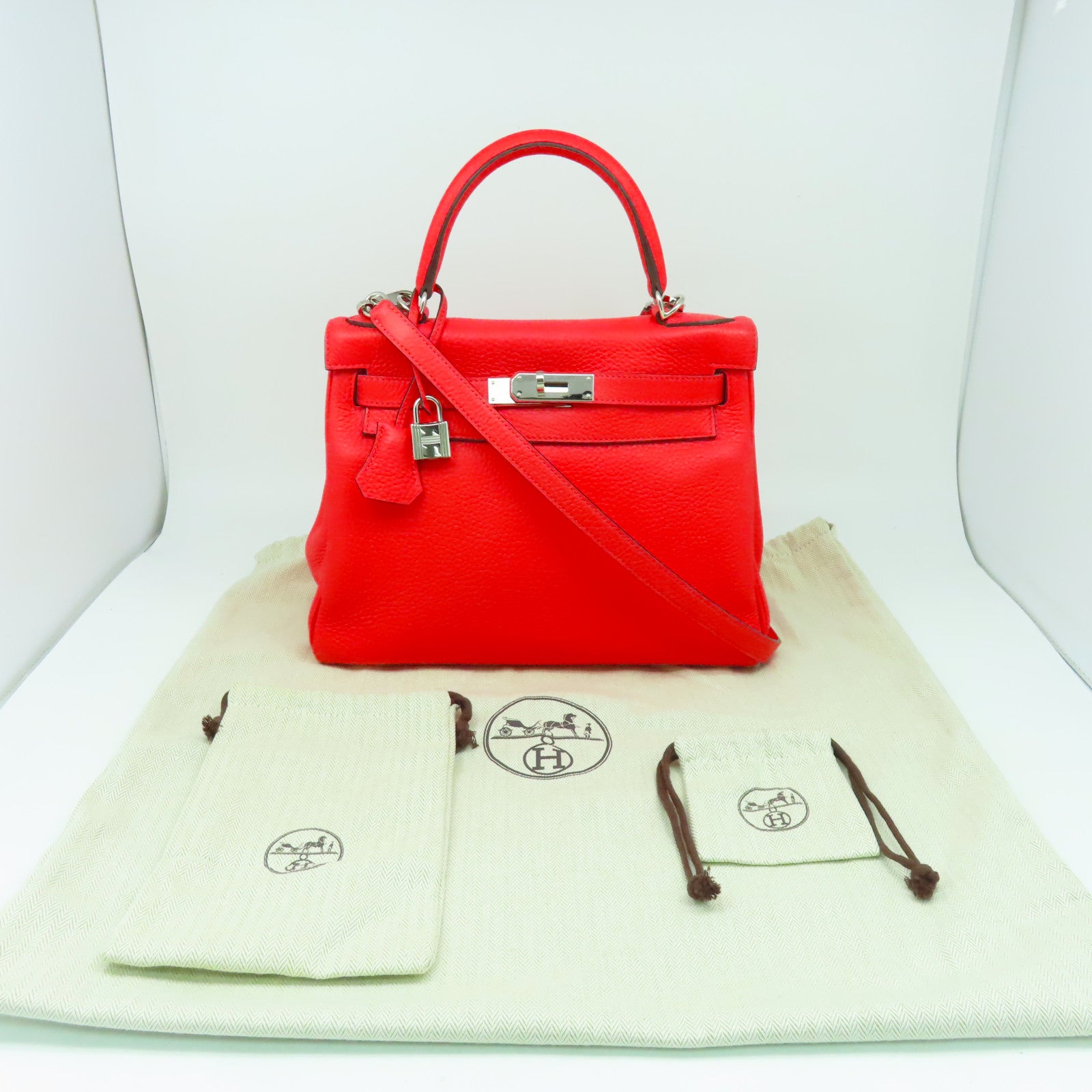 HERMES 【清倉大減價】Clemence皮革Kelly 28銀扣手挽肩背兩用袋粉紅色