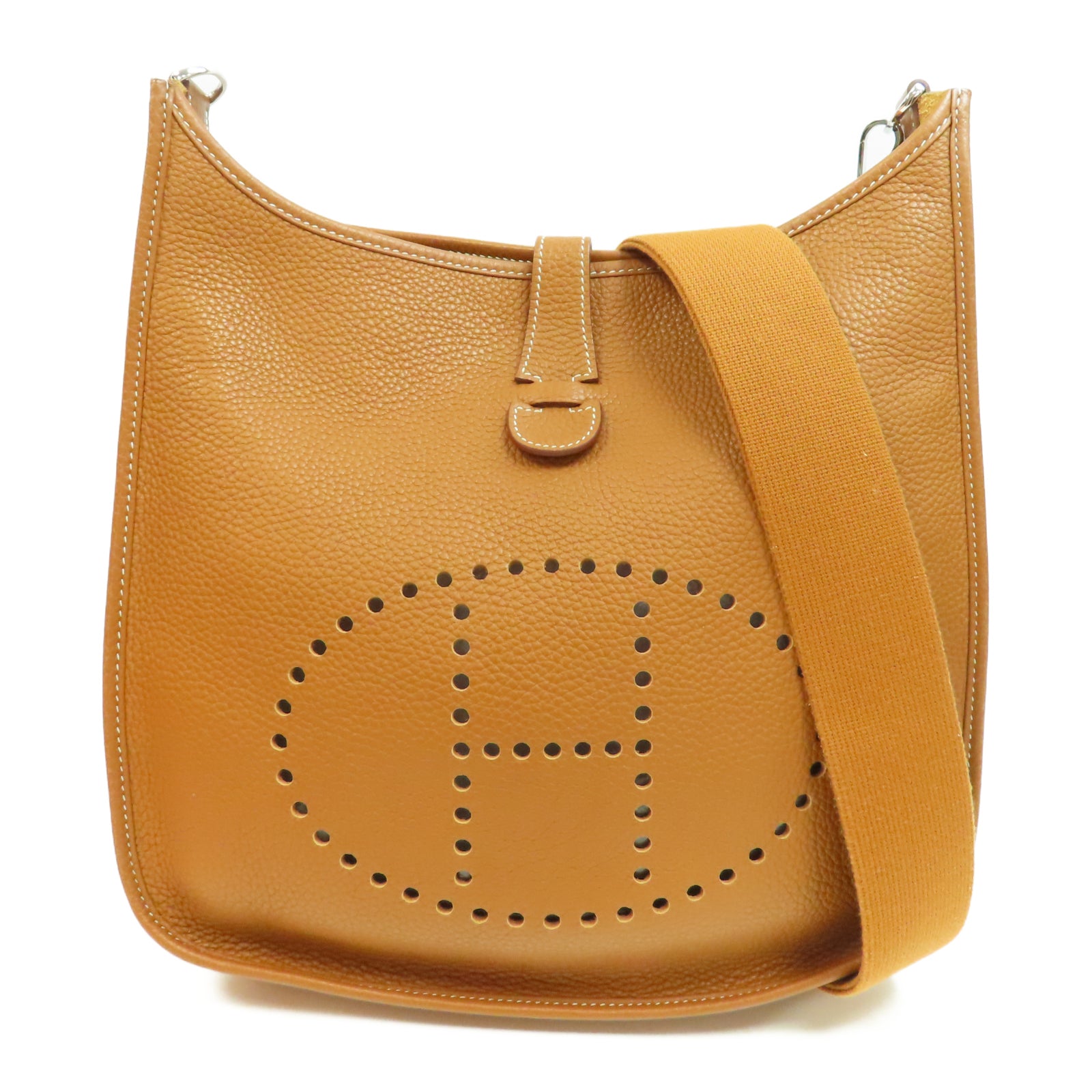 HERMES Clemence皮革Evelyne GM銀扣肩背袋經典駝色