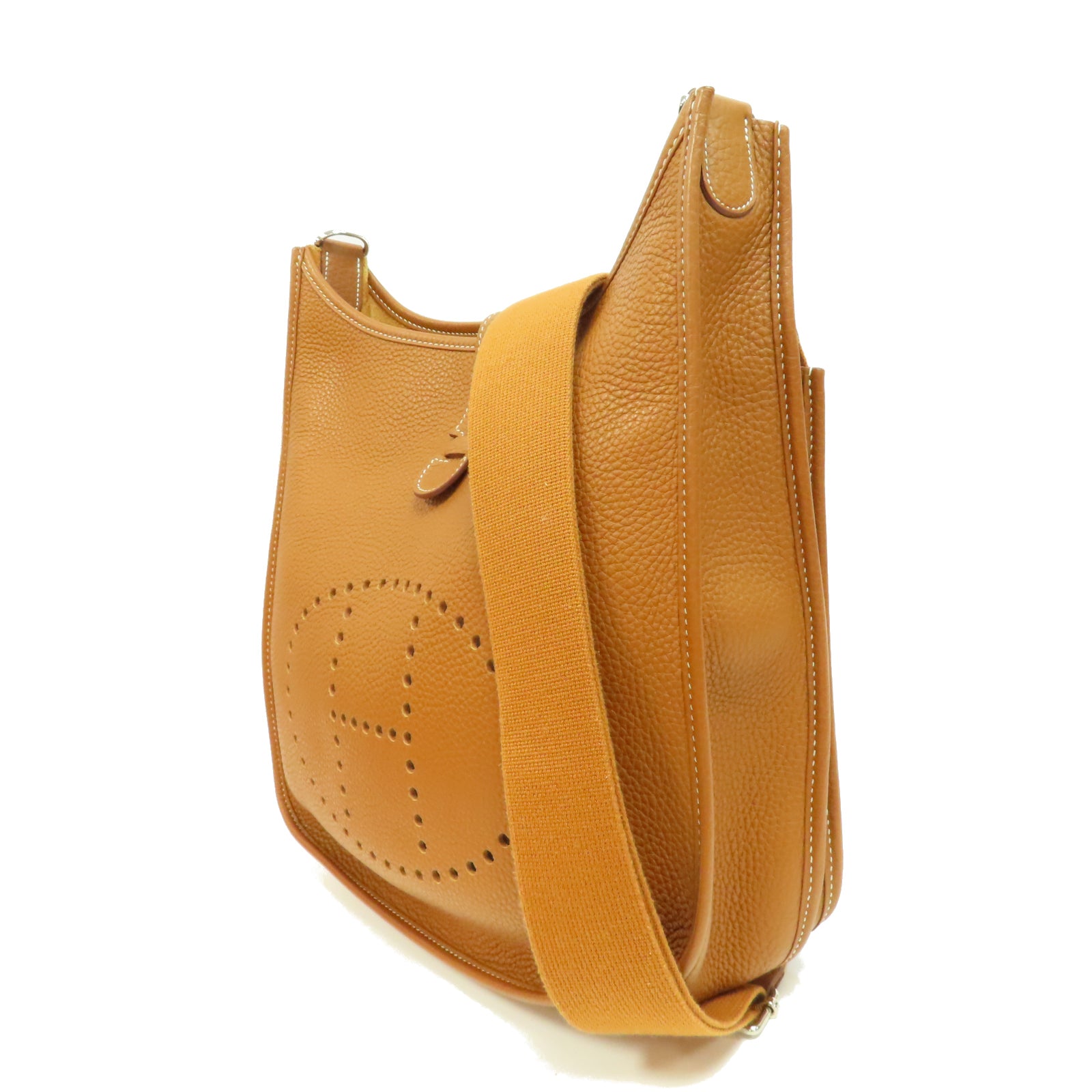 HERMES Clemence皮革Evelyne GM銀扣肩背袋經典駝色
