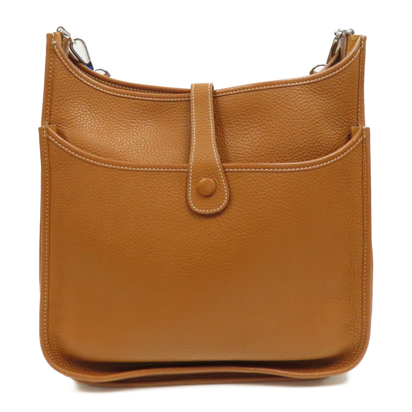 HERMES Clemence皮革Evelyne GM銀扣肩背袋經典駝色