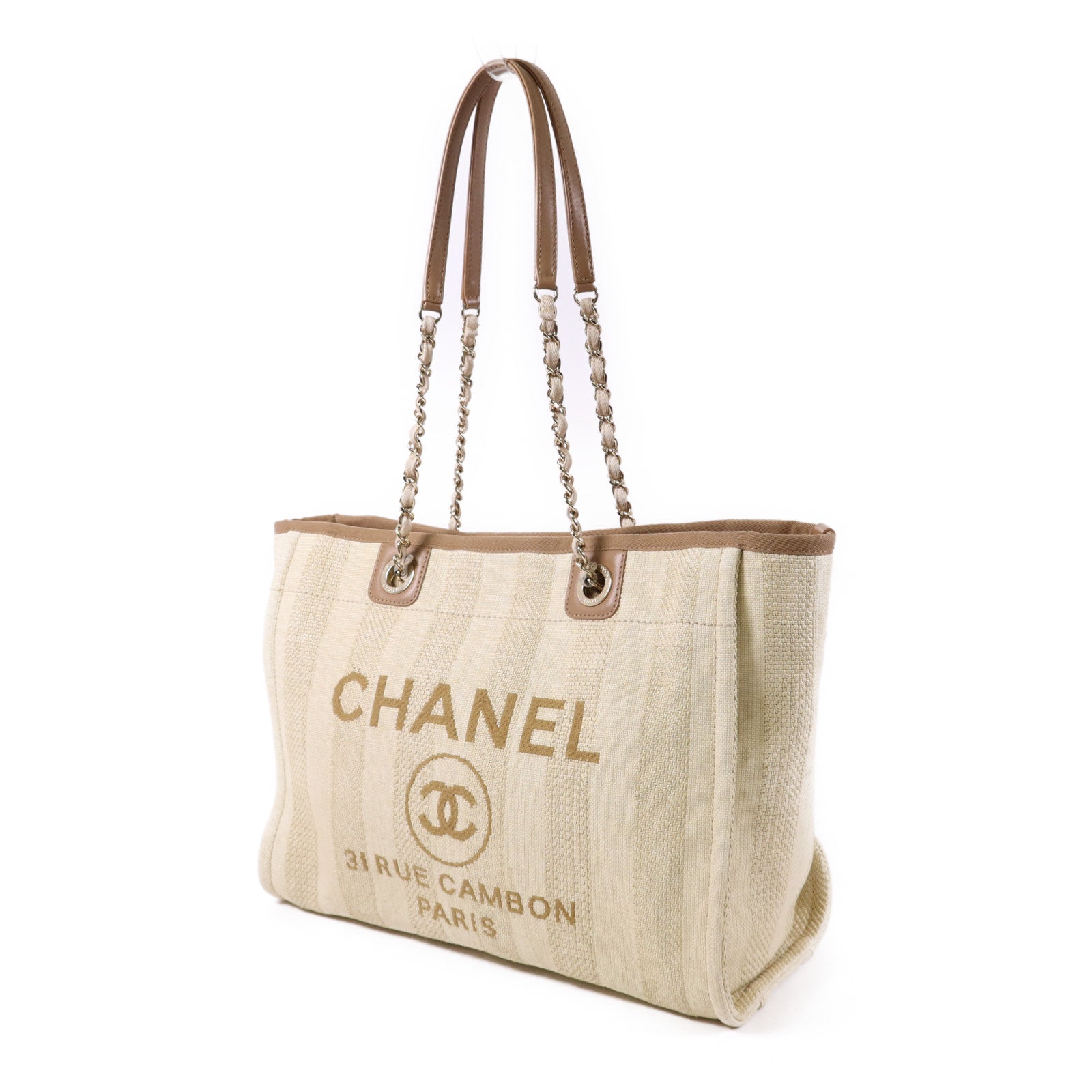CHANEL 纖維Deauville Tote Bag金扣鏈帶肩背袋