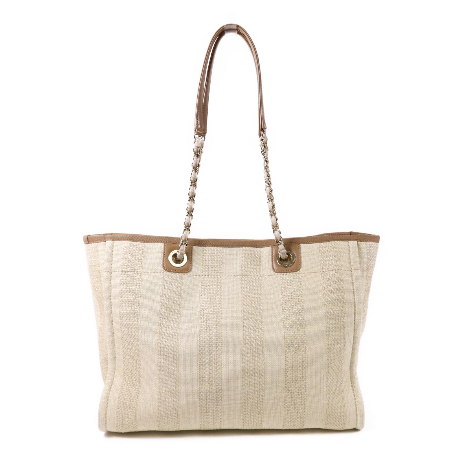 CHANEL 纖維Deauville Tote Bag金扣鏈帶肩背袋