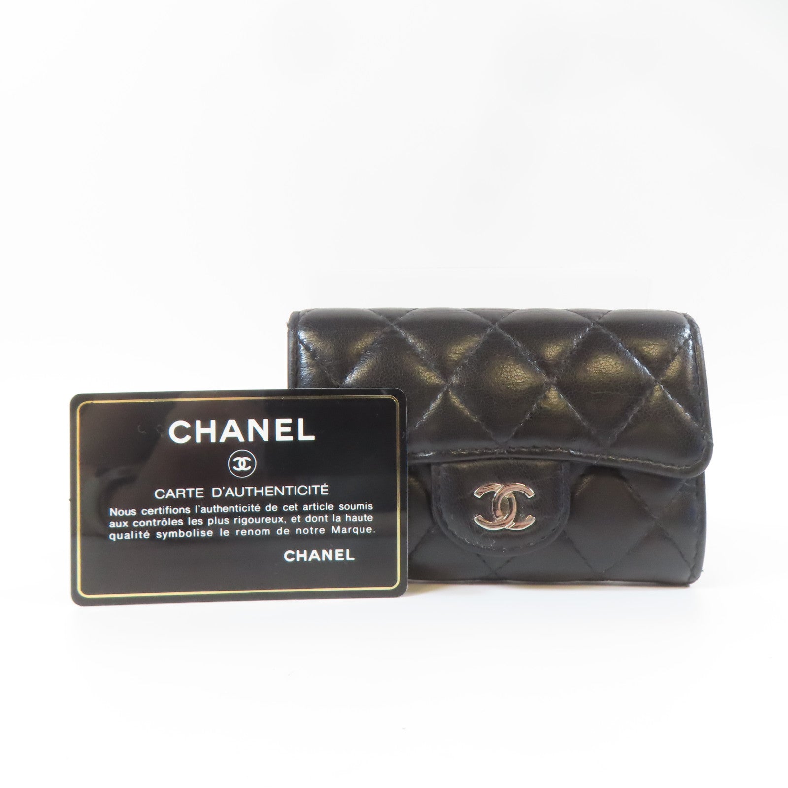 CHANEL 菱格羊皮皮革Card Case銀扣卡片套黑色