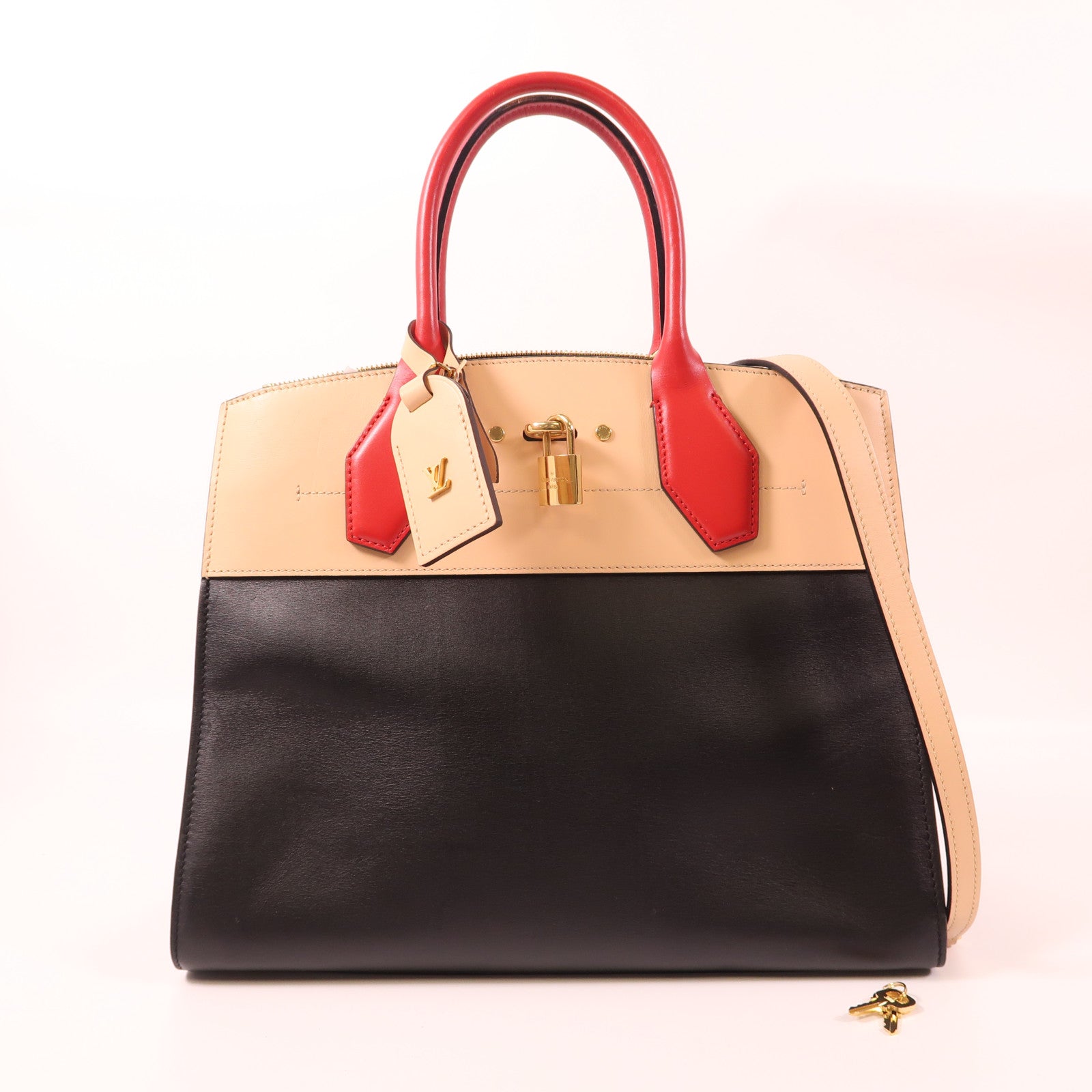 LOUIS VUITTON LV GHW City Steamer MM 2 Way Bag M42190 Calfskin Black/Beige/Red