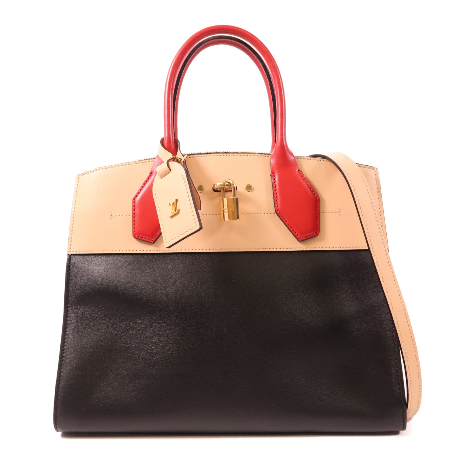 LOUIS VUITTON LV GHW City Steamer MM 2 Way Bag M42190 Calfskin Black/Beige/Red