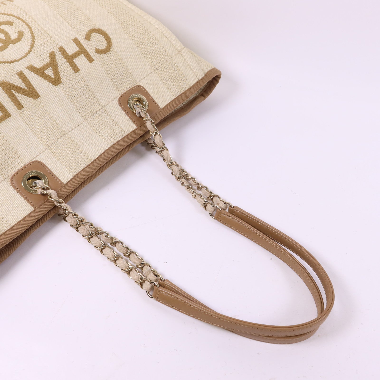 CHANEL 纖維Deauville Tote Bag金扣鏈帶肩背袋