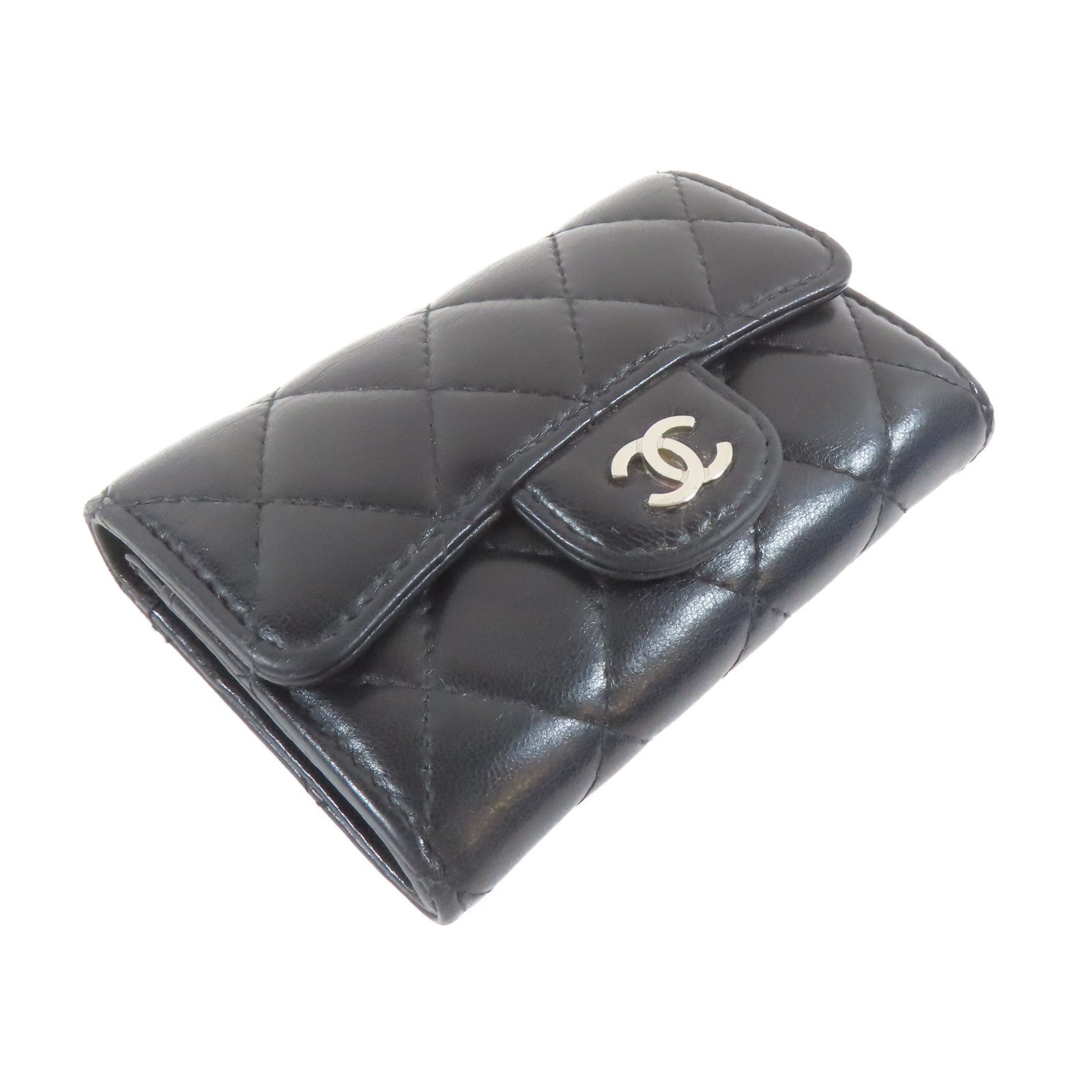 CHANEL 菱格羊皮皮革Card Case銀扣卡片套黑色