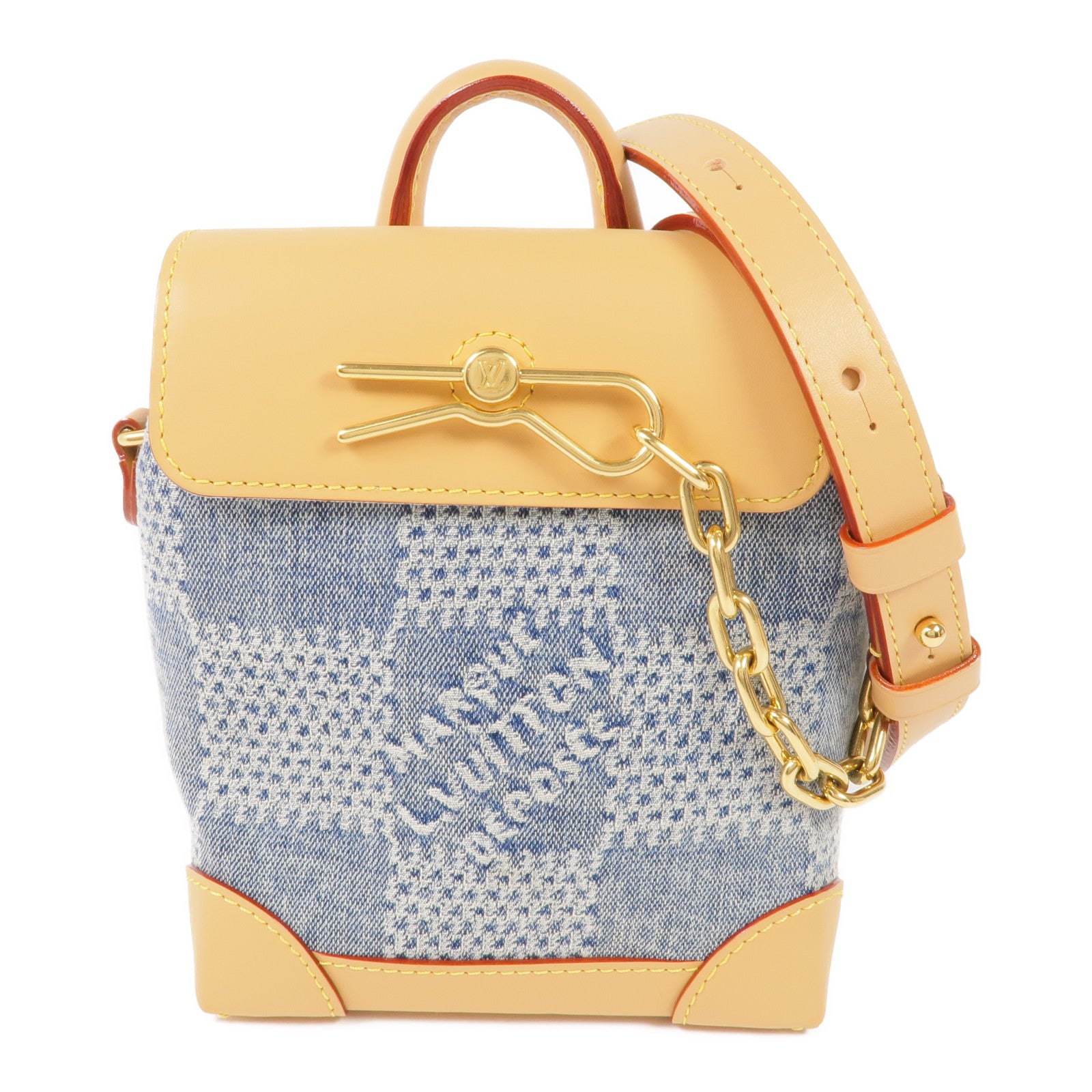 LOUIS VUITTON Damier Denim/牛皮皮革Nano Steamer金扣手挽肩背兩用袋
