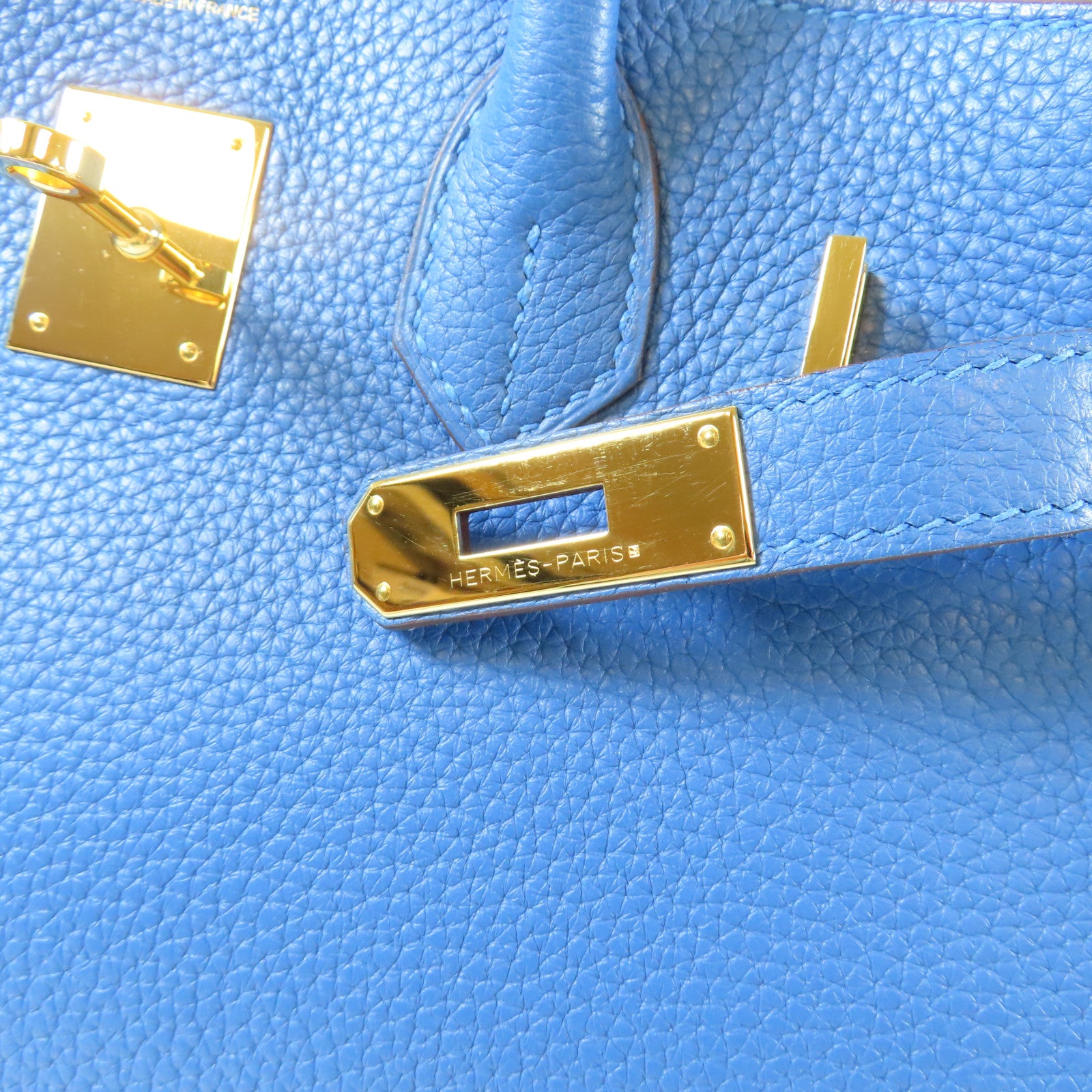 HERMES Clemence皮革Birkin 30金扣手挽袋土耳其藍色