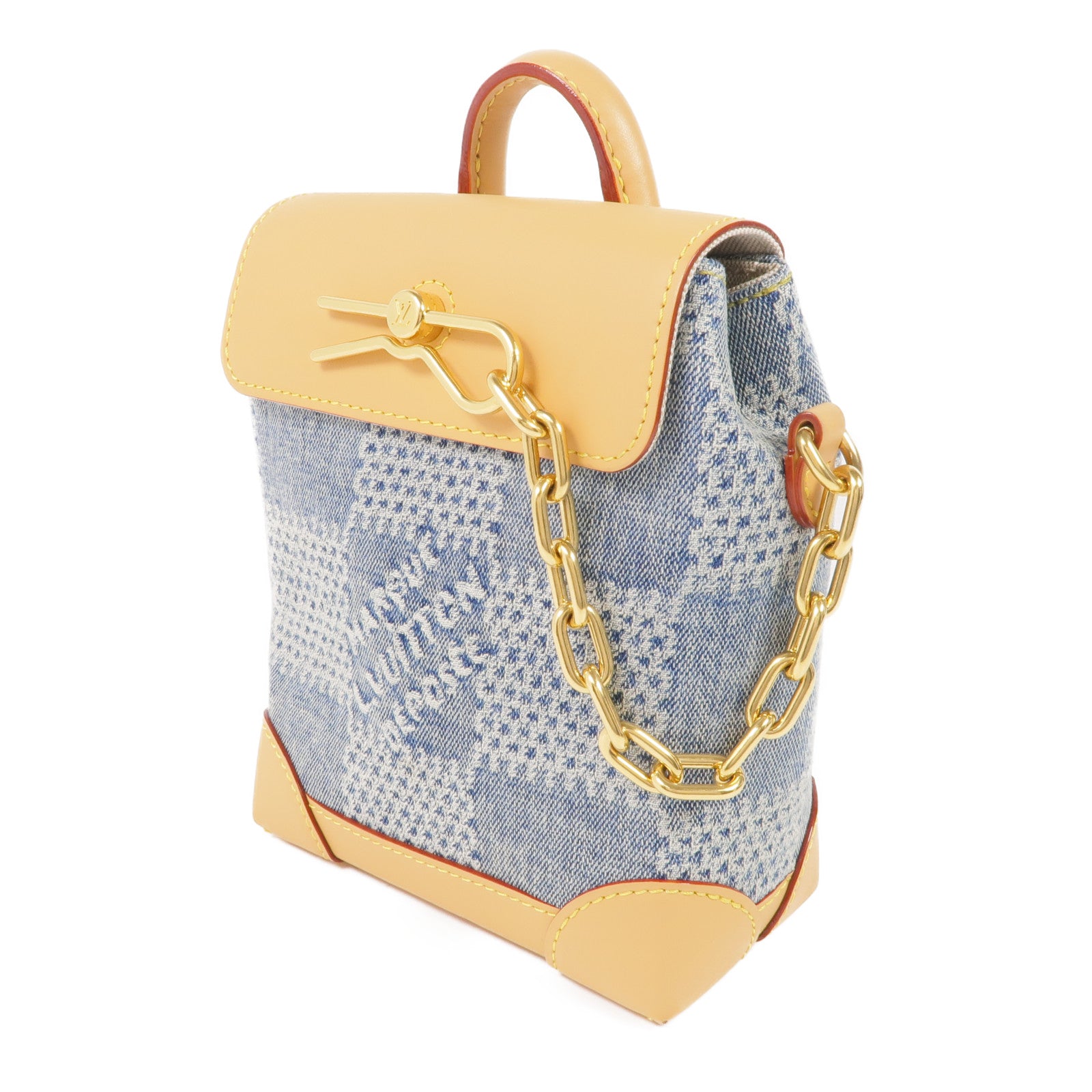 LOUIS VUITTON Damier Denim/牛皮皮革Nano Steamer金扣手挽肩背兩用袋