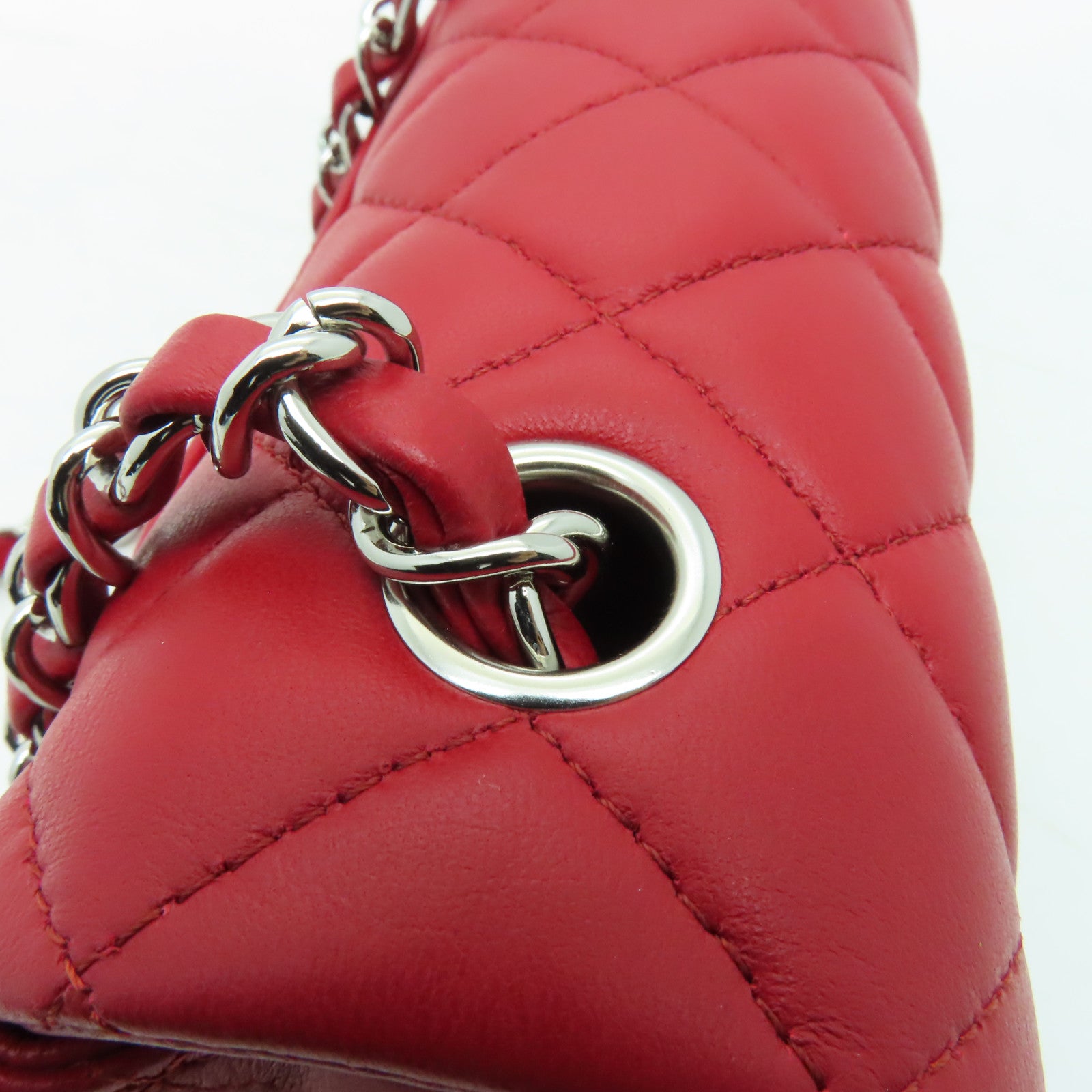 CHANEL **【清倉大減價】菱格羊皮皮革Chain Shoulder Bag銀扣鏈帶肩背袋紅色