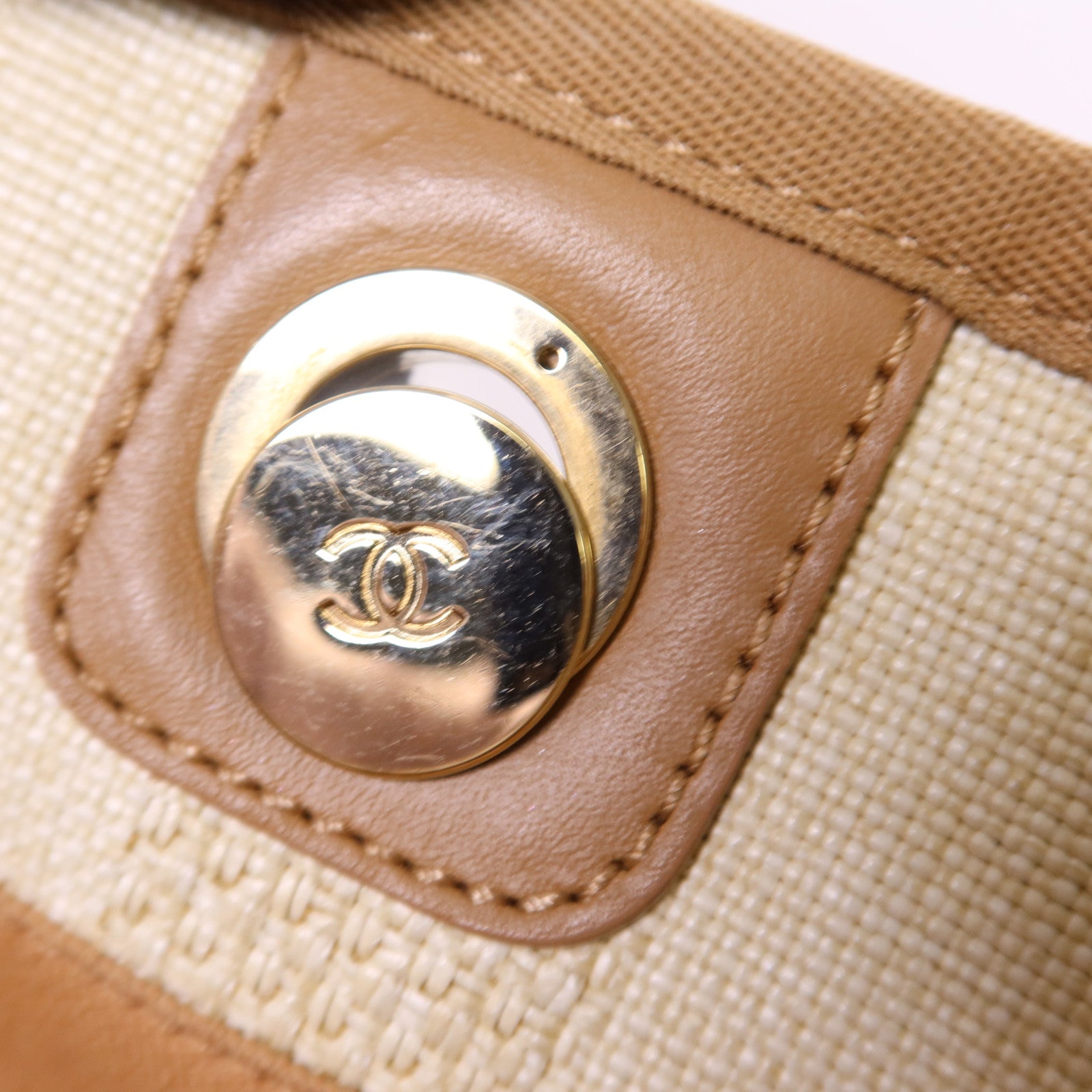 CHANEL 纖維Deauville Tote Bag金扣鏈帶肩背袋