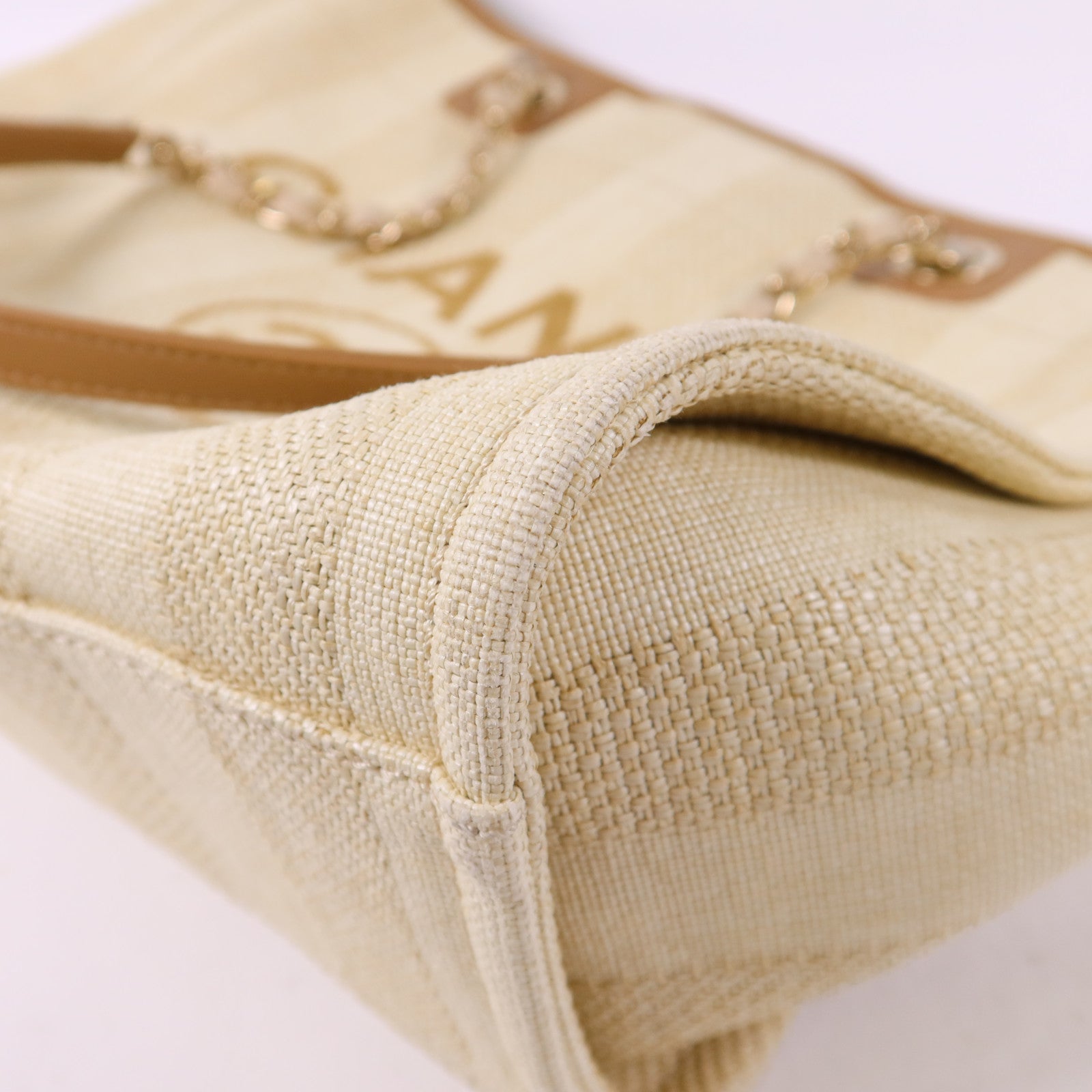 CHANEL 纖維Deauville Tote Bag金扣鏈帶肩背袋