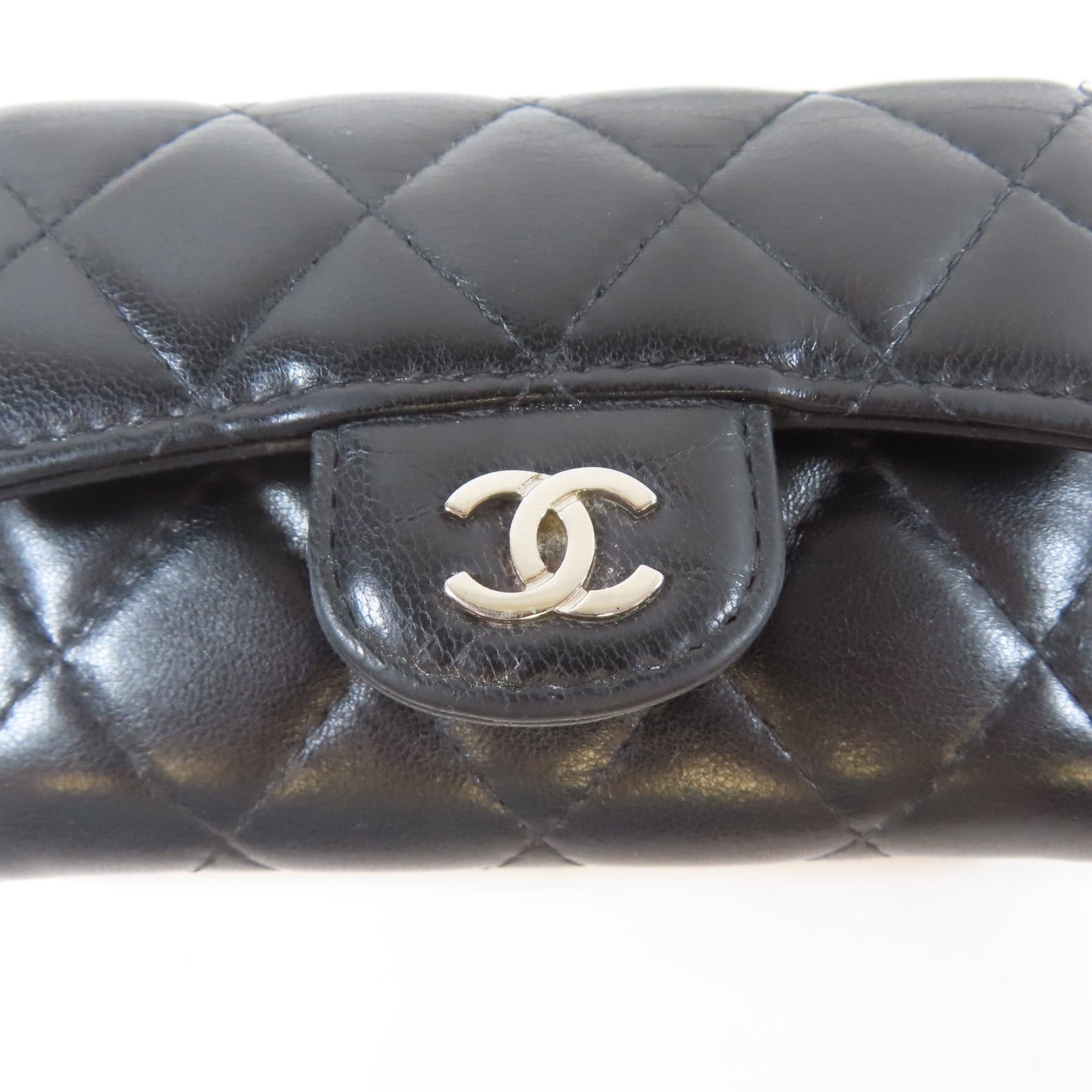 CHANEL 菱格羊皮皮革Card Case銀扣卡片套黑色