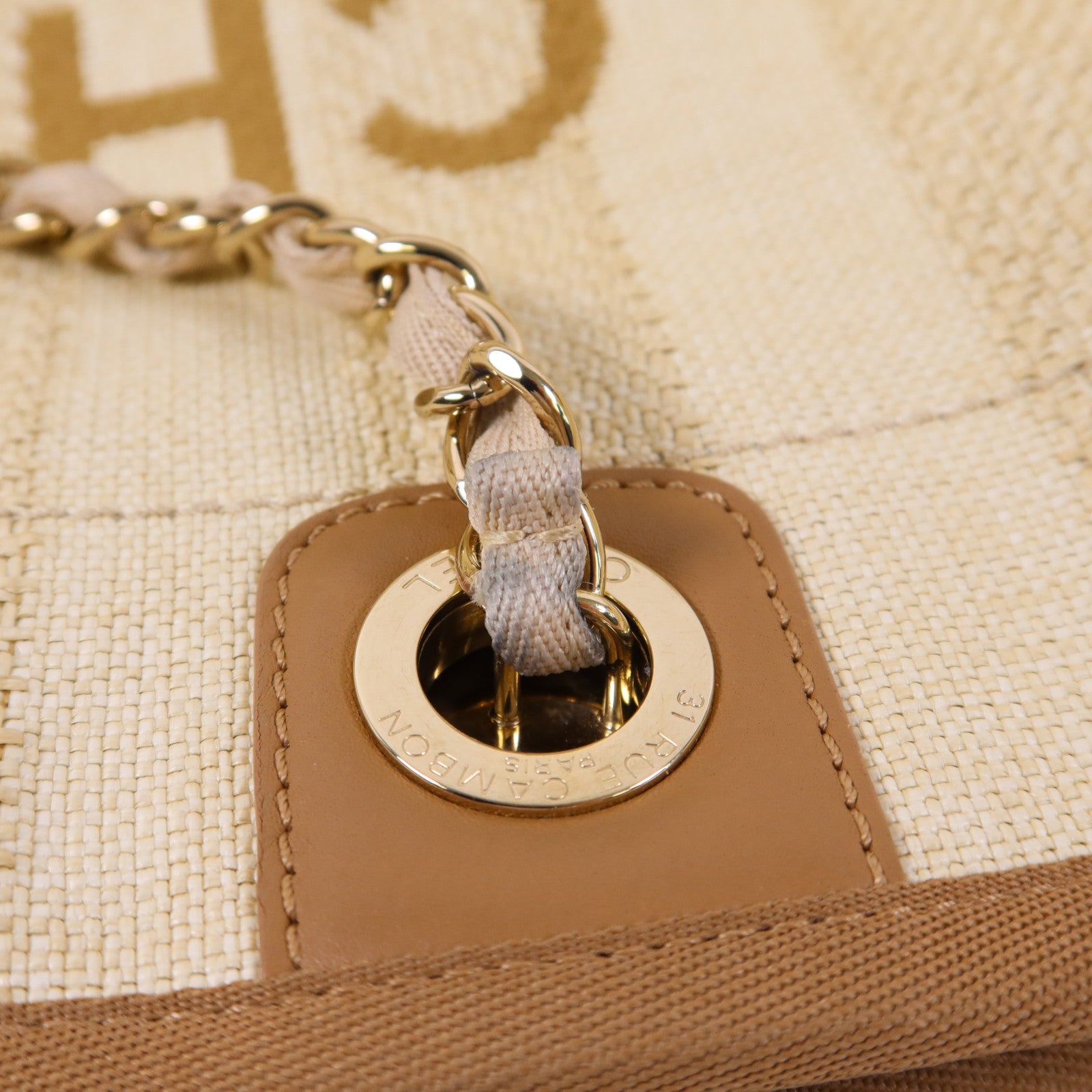 CHANEL 纖維Deauville Tote Bag金扣鏈帶肩背袋