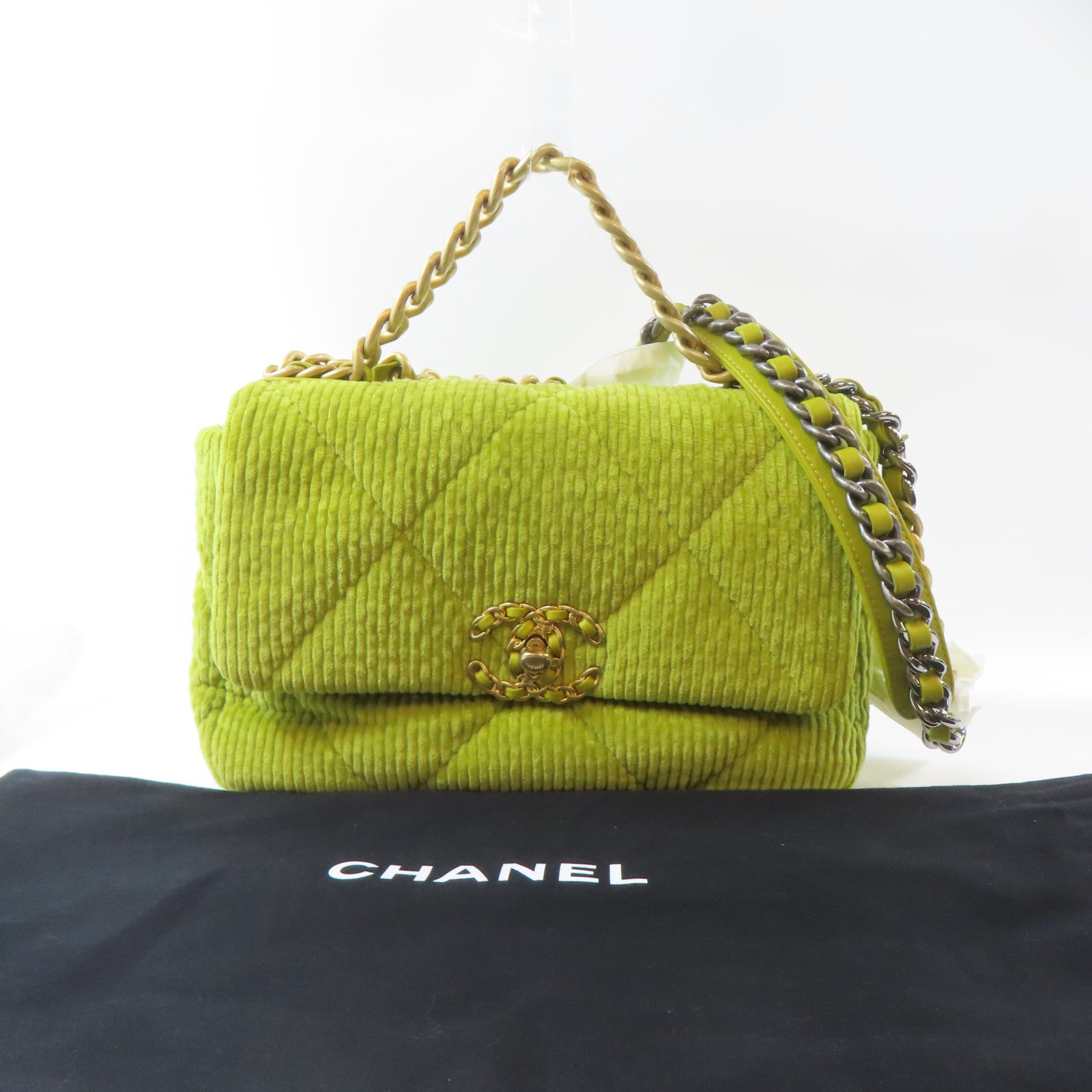 CHANEL 【激減優惠】菱格燈芯絨Chanel 19金扣/銀扣鏈帶手挽肩背兩用袋綠色