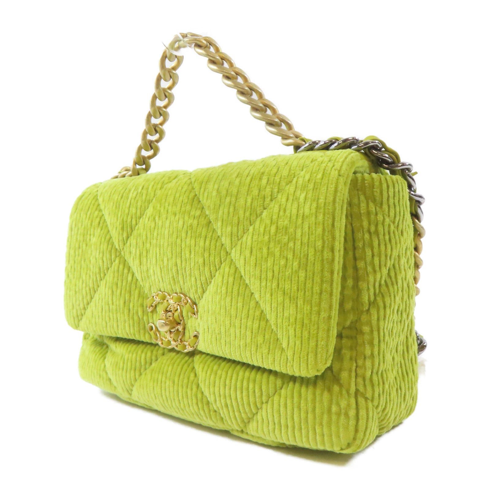 CHANEL 【激減優惠】菱格燈芯絨Chanel 19金扣/銀扣鏈帶手挽肩背兩用袋綠色