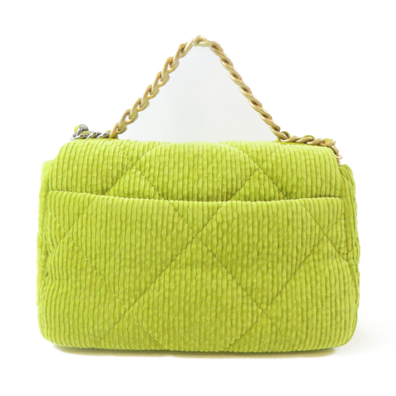 CHANEL 【激減優惠】菱格燈芯絨Chanel 19金扣/銀扣鏈帶手挽肩背兩用袋綠色