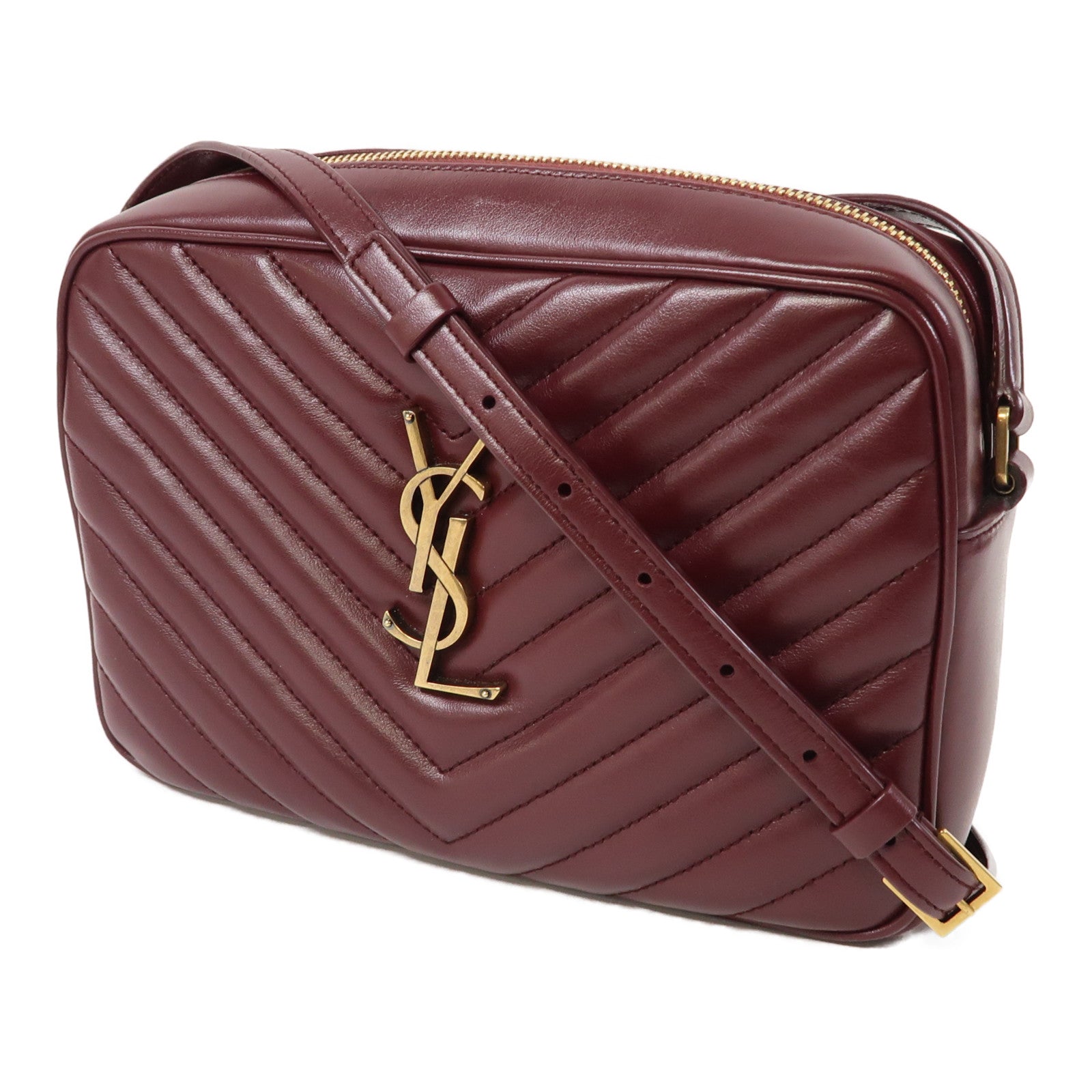 SAINT LAURENT 斜紋牛皮皮革Shoulder Bag金扣肩背袋酒紅色